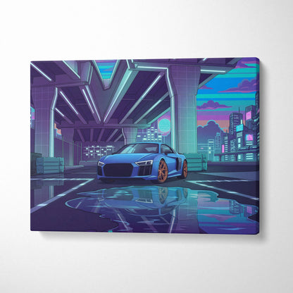 Audi R8 Inspired Vaporwave Car Canvas - Vaporwave Car, Purple Blue Neon, Living Room, Retro | Nostalgic Energy, Synthwave, Wall Art, Canvas