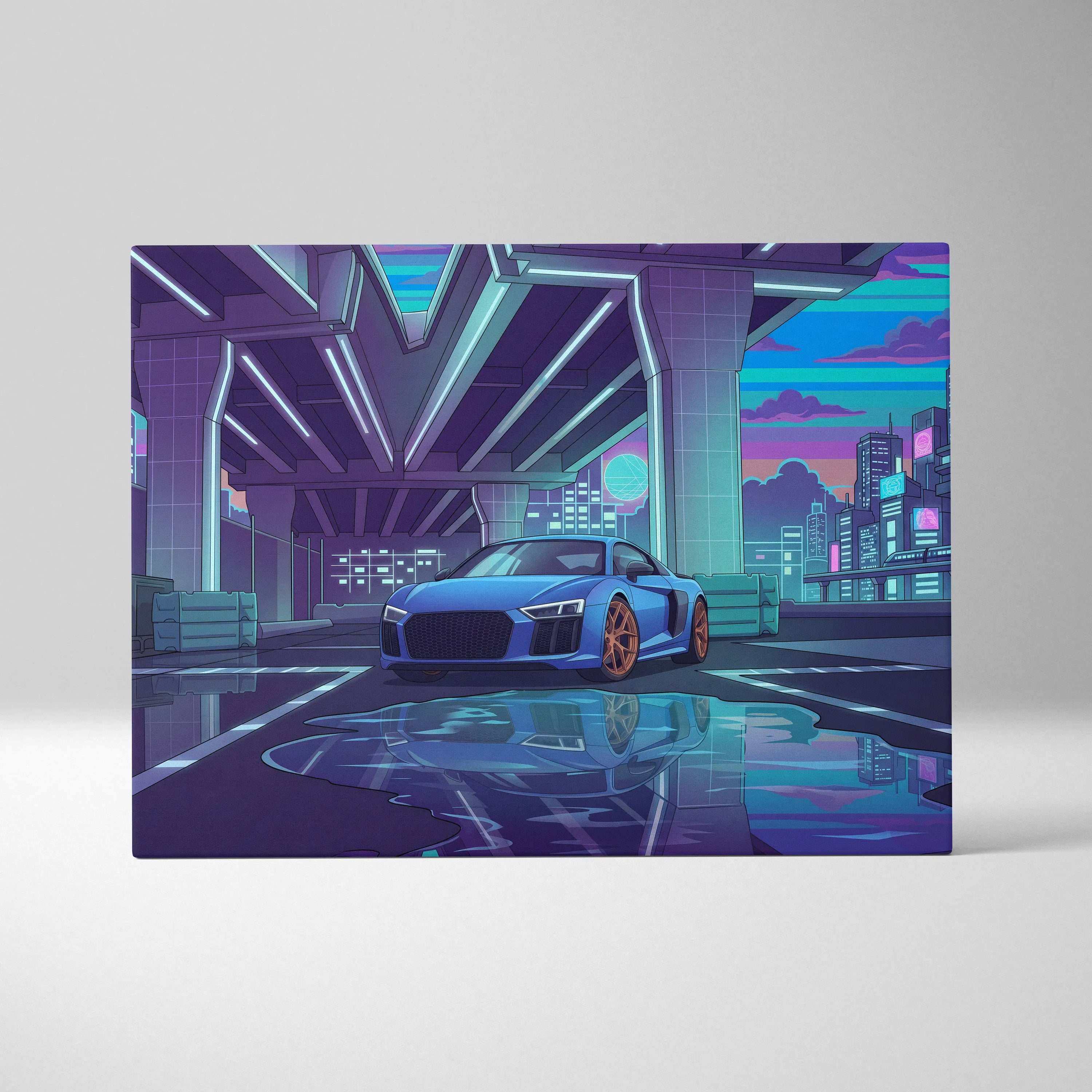 Audi R8 Inspired Vaporwave Car Canvas - Vaporwave Car, Purple Blue Neon, Living Room, Retro | Nostalgic Energy, Synthwave, Wall Art, Canvas