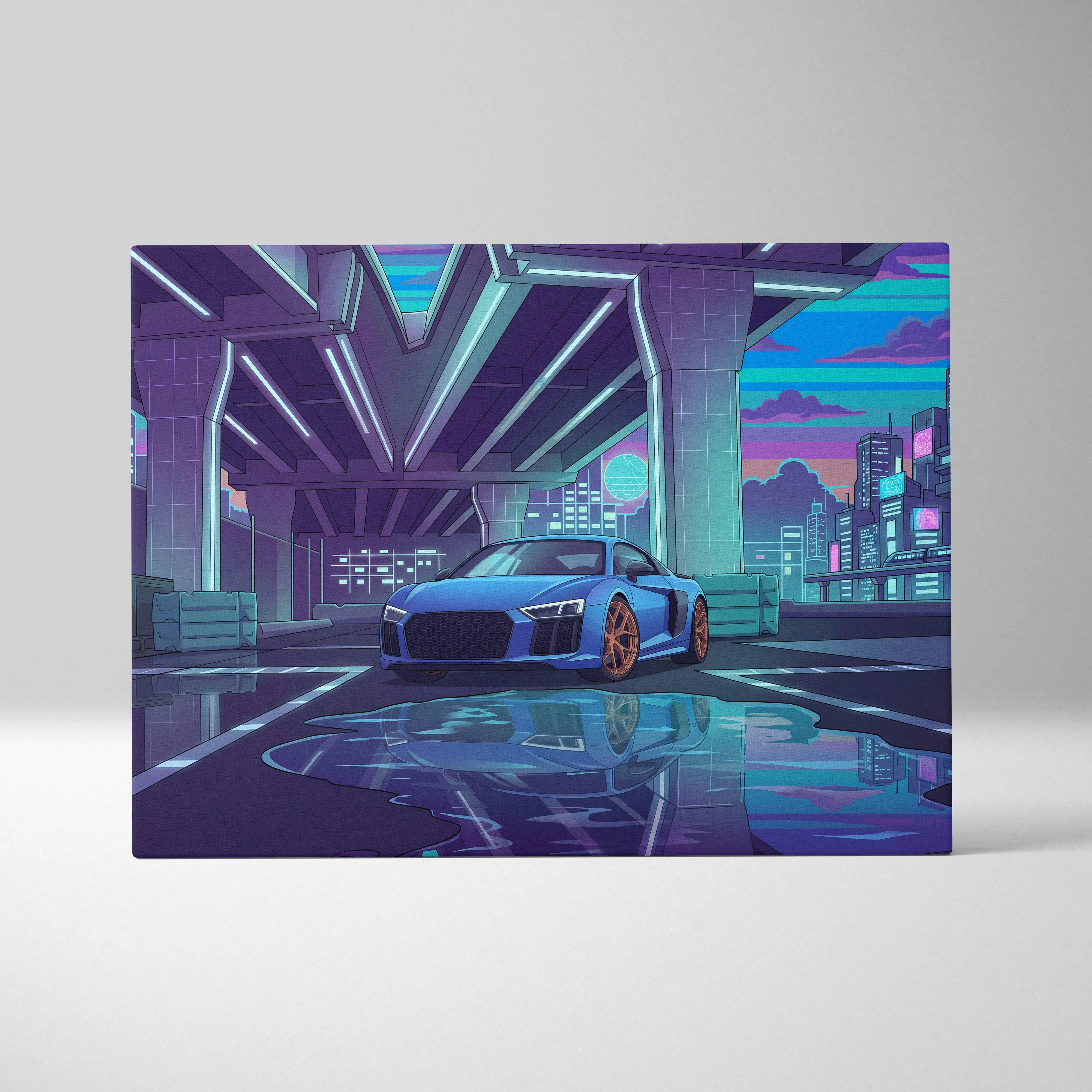 A nissan gt-r with sleek blue body and orange rims under neon-lit overpasses in a futuristic city vaporwave canvas