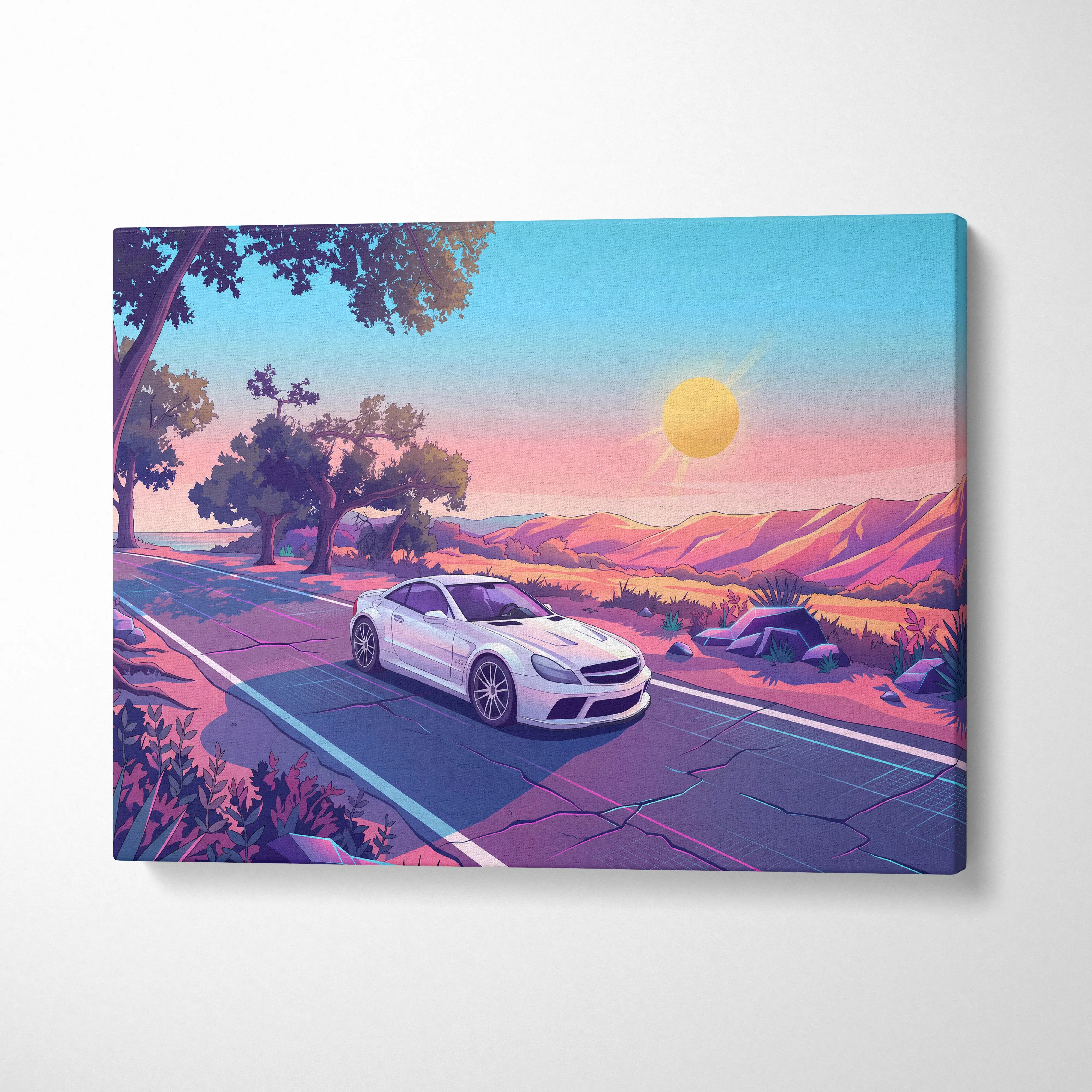 Mercedes SL65 Inspired Vaporwave Neon Car Canvas - Car Neon Pink Purple Blue Living Room Vaporwave Retro Futurism Dreamy Mood Neon Art Canvas