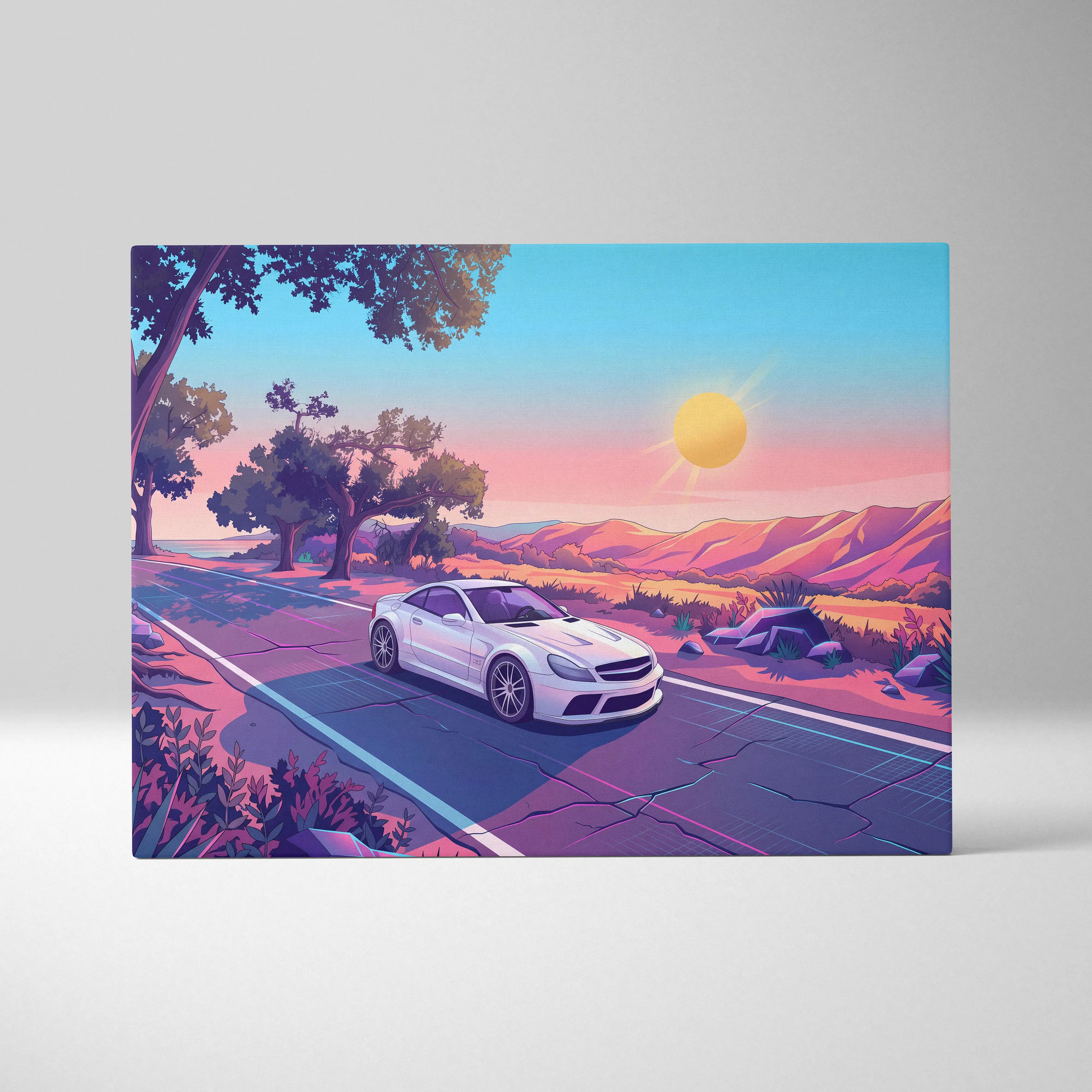 Mercedes SL65 Inspired Vaporwave Neon Car Canvas - Car Neon Pink Purple Blue Living Room Vaporwave Retro Futurism Dreamy Mood Neon Art Canvas