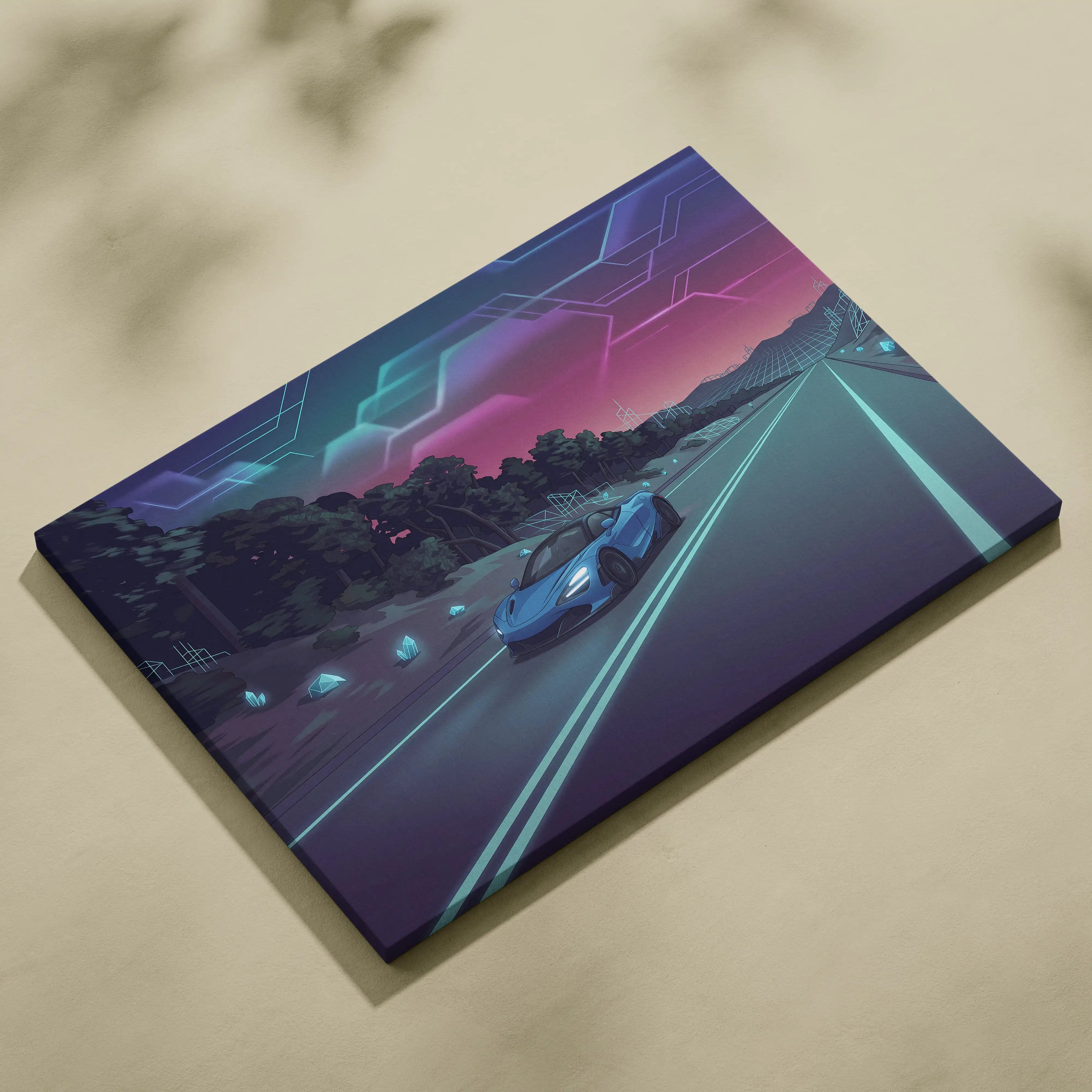 McLaren 765LT Inspired Vaporwave Car Canvas - Car Art Neon Blue Pink Wall Art Living Room Vaporwave Mood Nostalgic Glow Niche Canvas