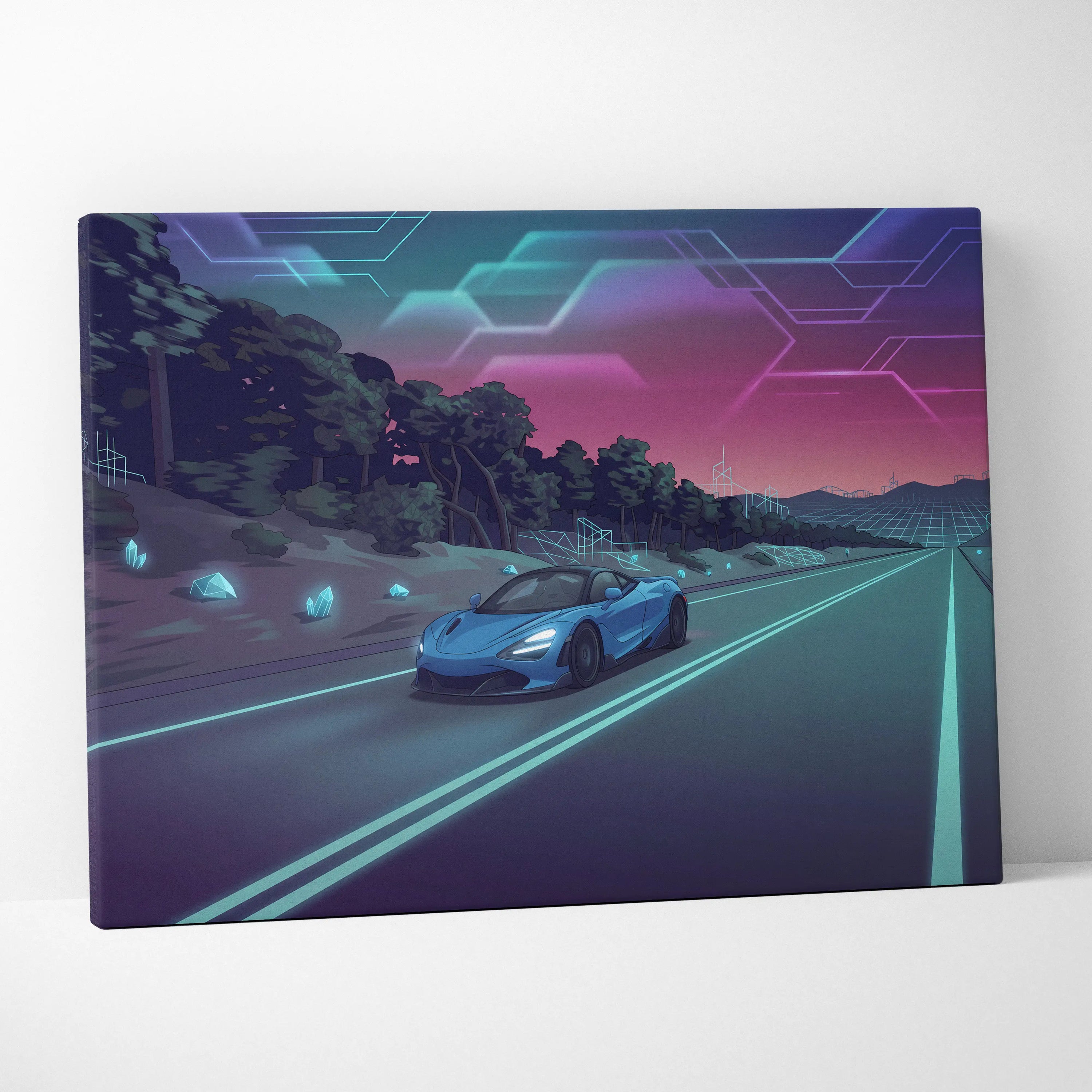 McLaren 765LT Inspired Vaporwave Car Canvas - Car Art Neon Blue Pink Wall Art Living Room Vaporwave Mood Nostalgic Glow Niche Canvas