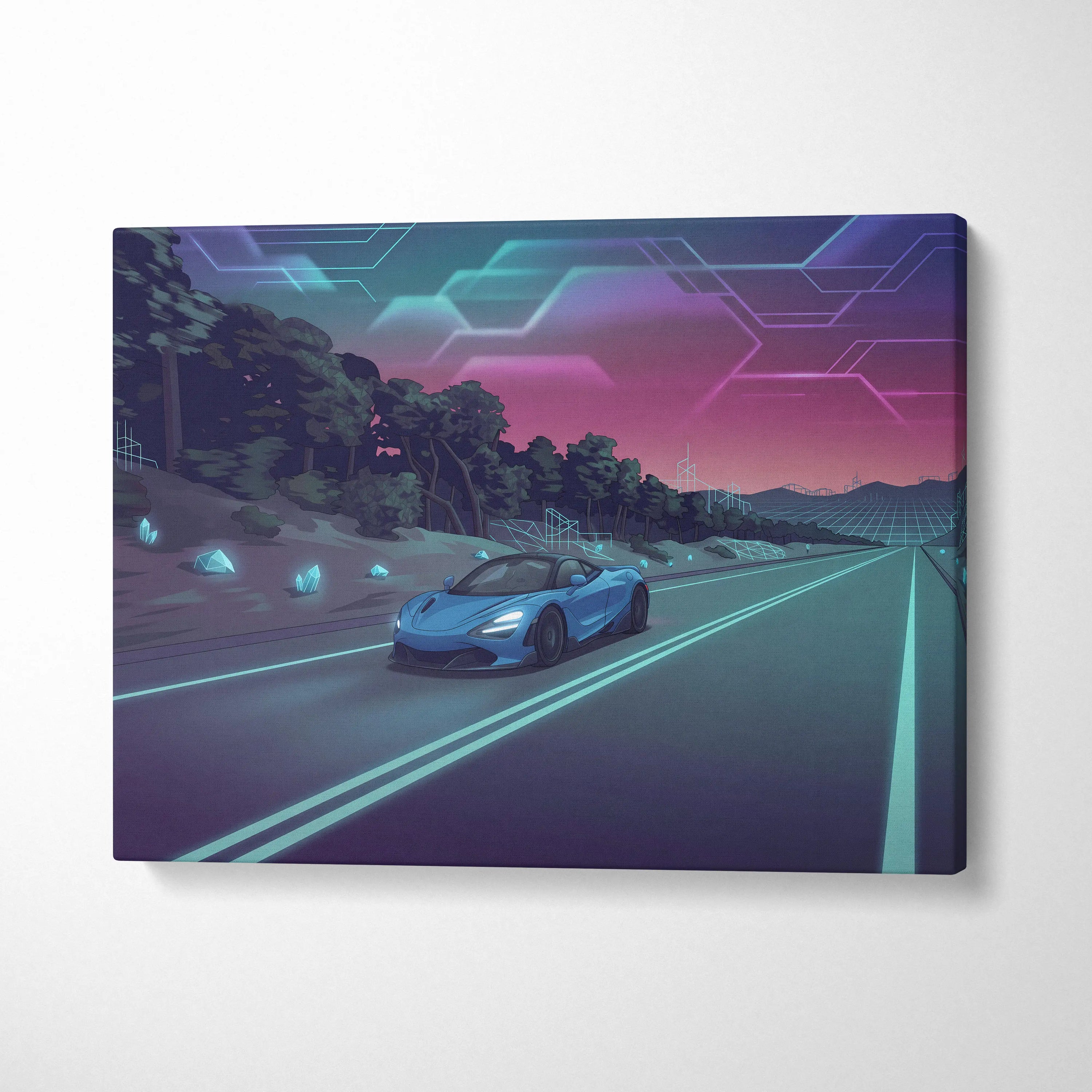 McLaren 765LT Inspired Vaporwave Car Canvas - Car Art Neon Blue Pink Wall Art Living Room Vaporwave Mood Nostalgic Glow Niche Canvas
