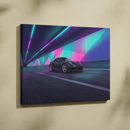 Porsche 911 Turbo Inspired Vaporwave Canvas - Vaporwave Car Canvas Neon Pink Teal Living Room Futurism Nostalgic Mood Neon Wall Art Canvas