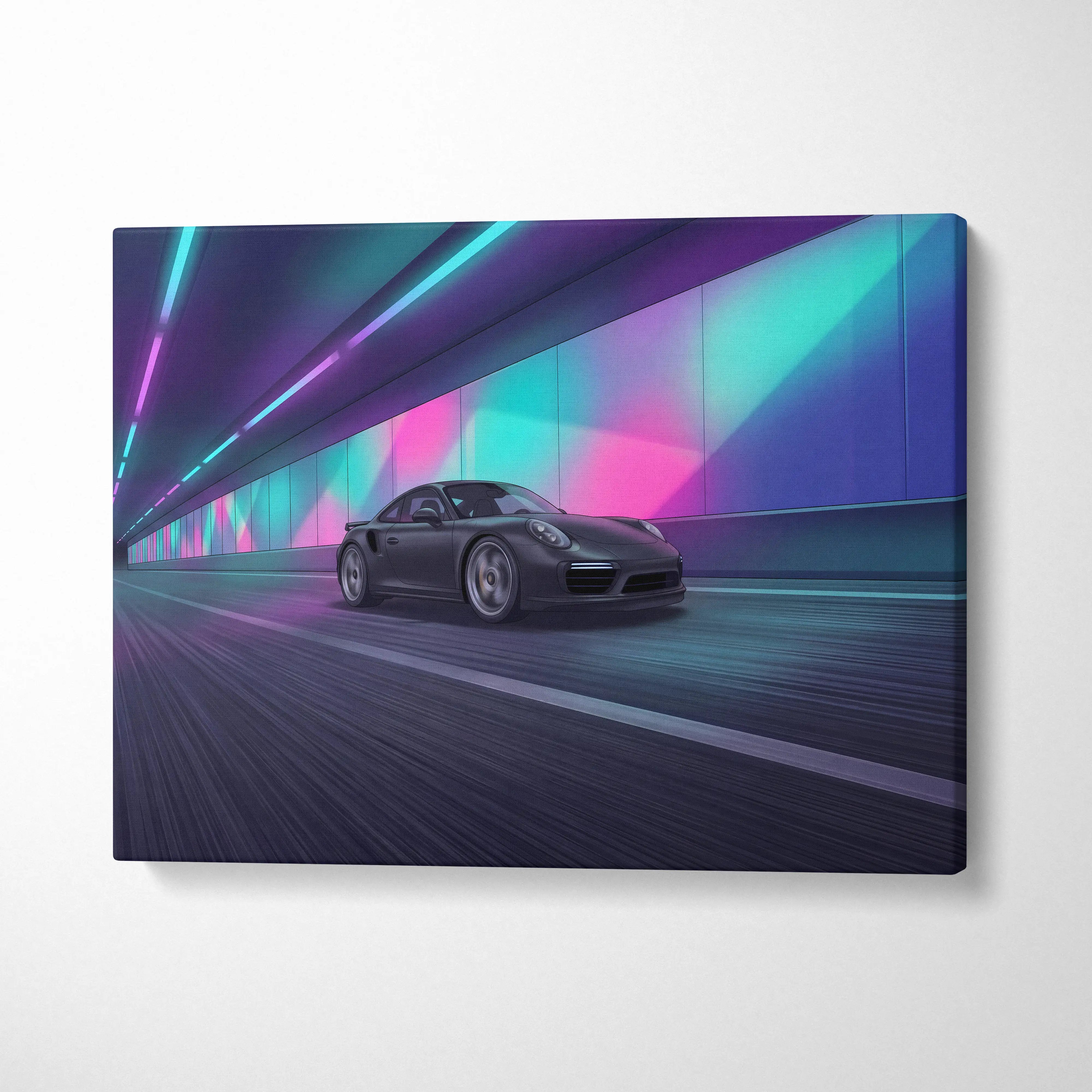Neon-lit tunnel canvas print featuring a black porsche 911 speeding through vibrant purple pink and teal vaporwave lights