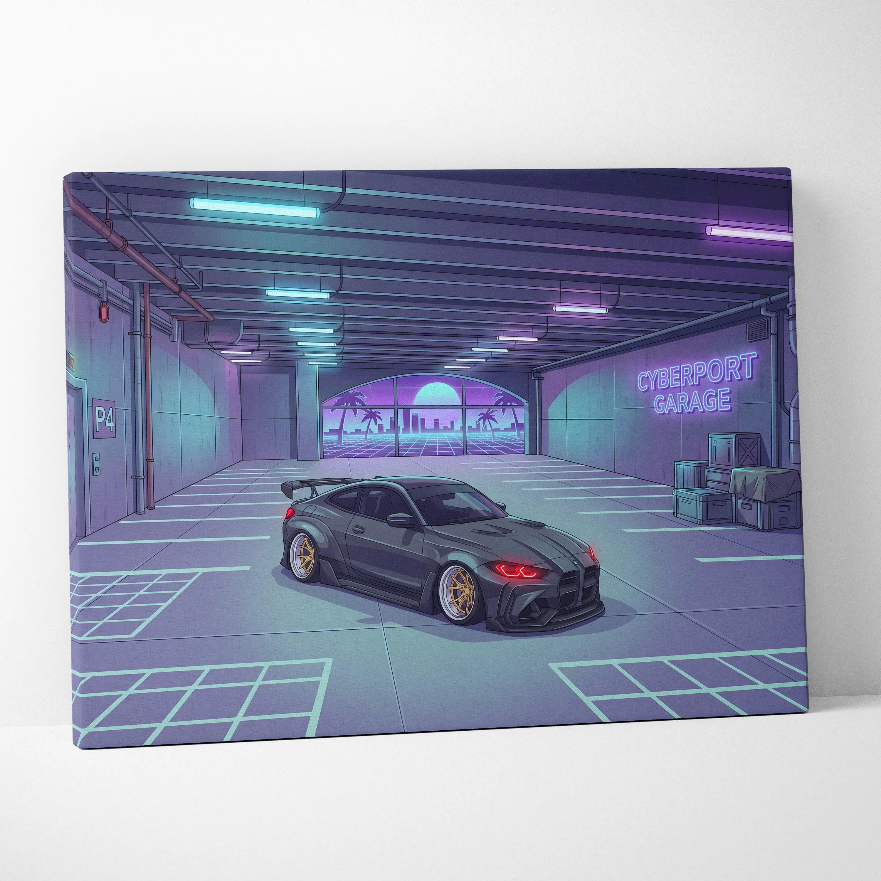 Widebody BMW M4 Inspired Vaporwave Car Canvas - Vaporwave Car Neon Blues Pink Living Room Nostalgic Mood Retro Decor Neon Art
