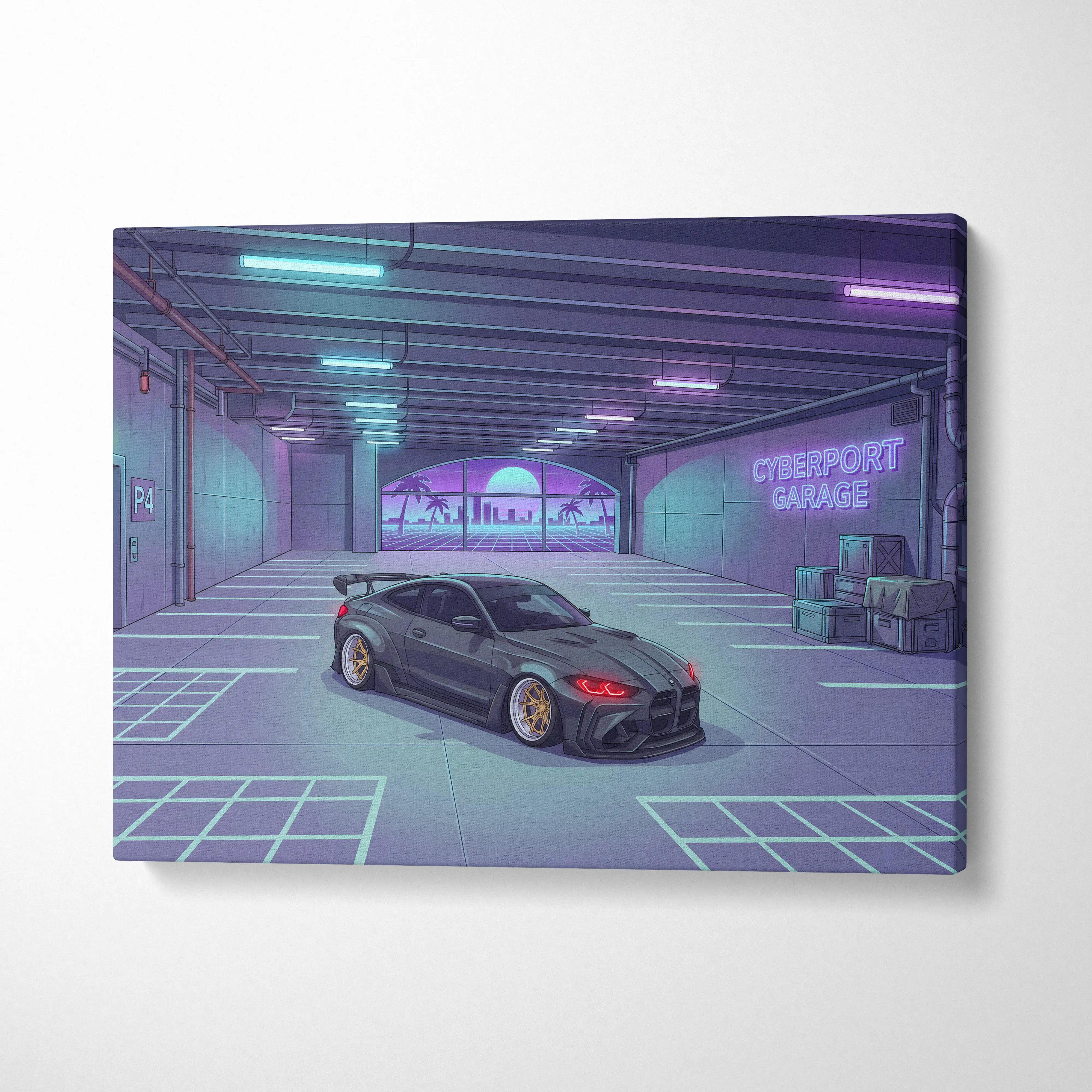 Widebody BMW M4 Inspired Vaporwave Car Canvas - Vaporwave Car Neon Blues Pink Living Room Nostalgic Mood Retro Decor Neon Art