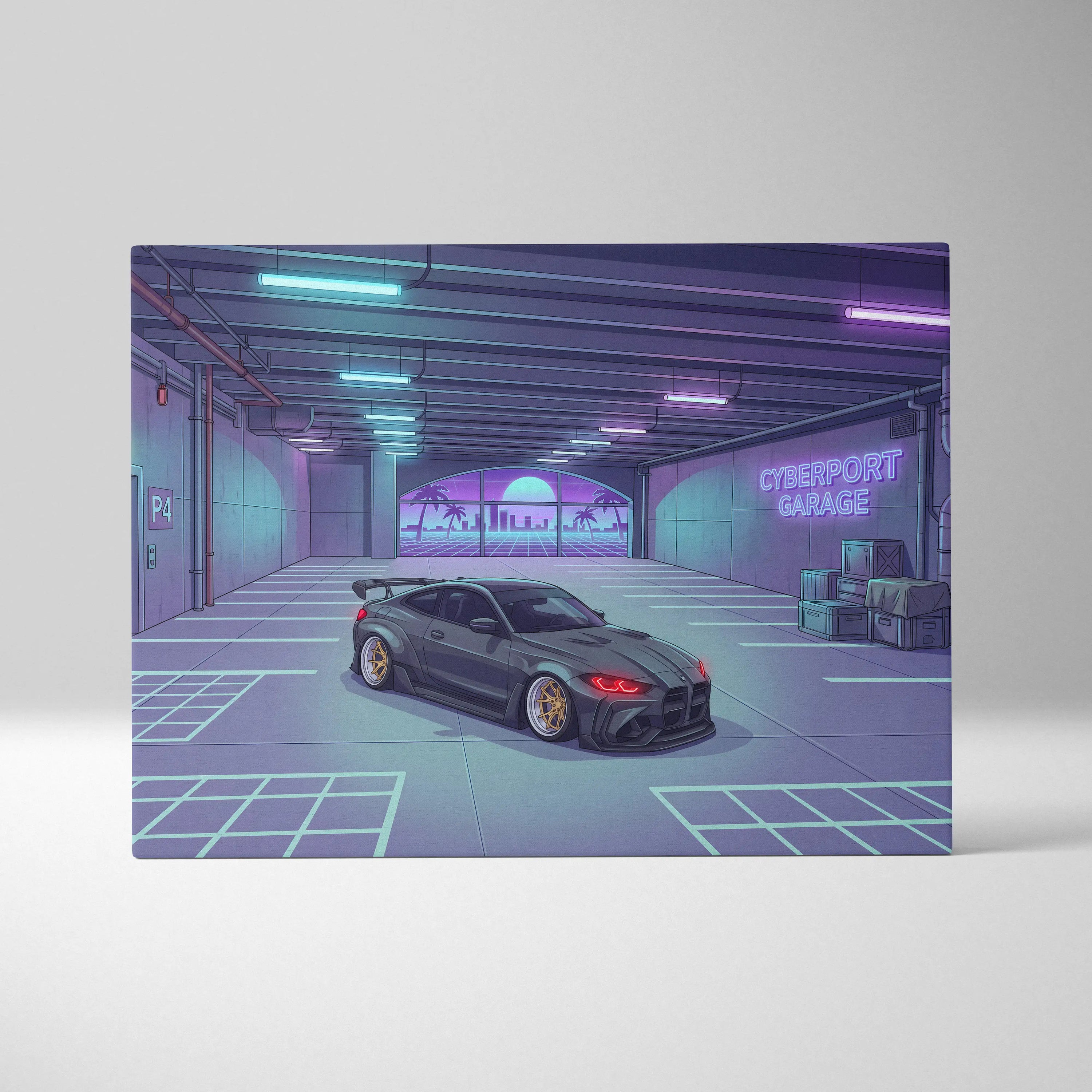 Widebody BMW M4 Inspired Vaporwave Car Canvas - Vaporwave Car Neon Blues Pink Living Room Nostalgic Mood Retro Decor Neon Art
