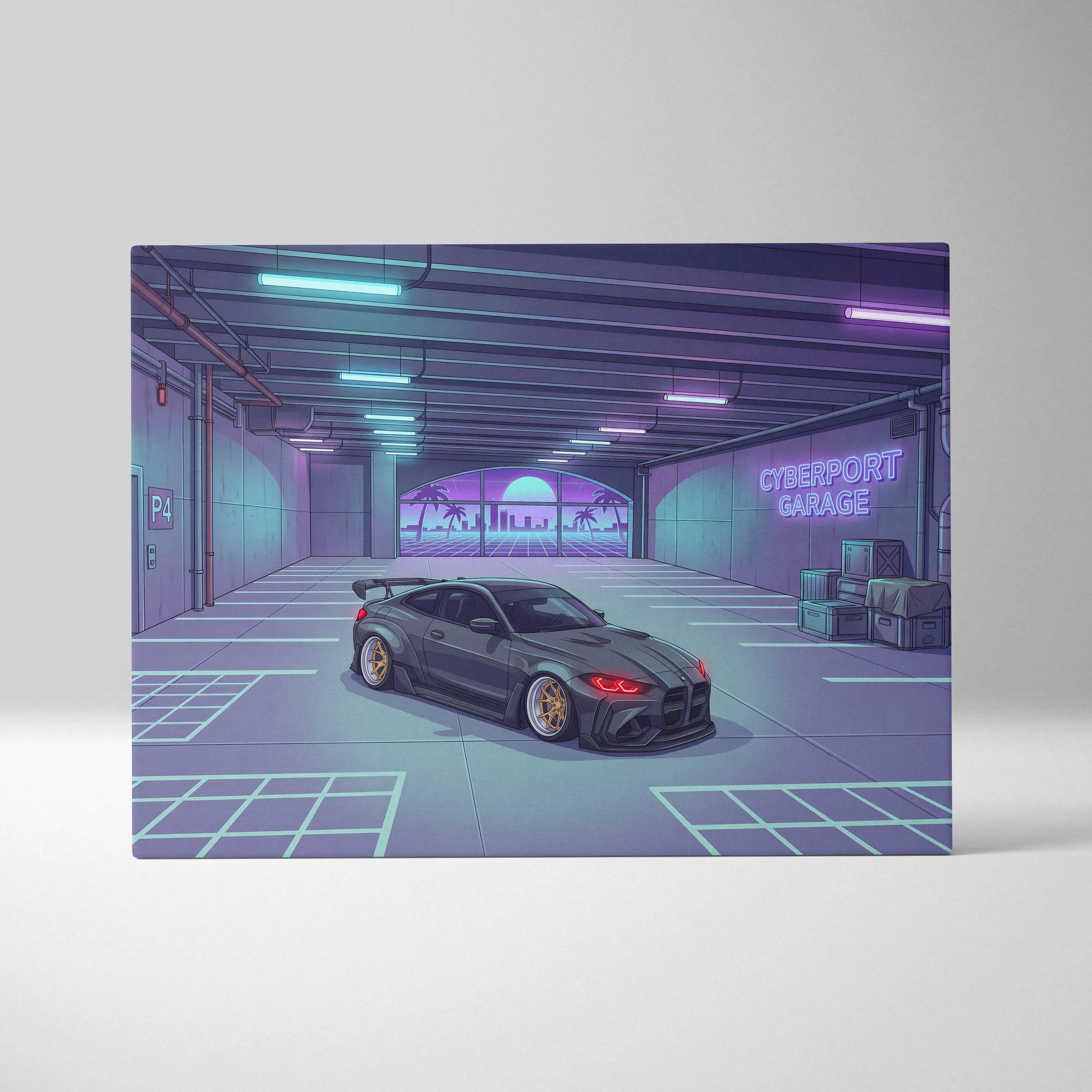 Widebody BMW M4 Inspired Vaporwave Car Canvas - Vaporwave Car Neon Blues Pink Living Room Nostalgic Mood Retro Decor Neon Art