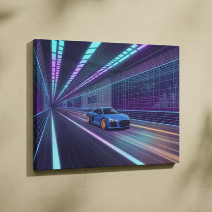 Audi R8 Inspired Vaporwave Car Canvas Print - Vaporwave Car Art Neon Blue Purple Living Room Retro Nostalgic Energy Neo Eighties Canvas Wall Art Giclee Canvas Print