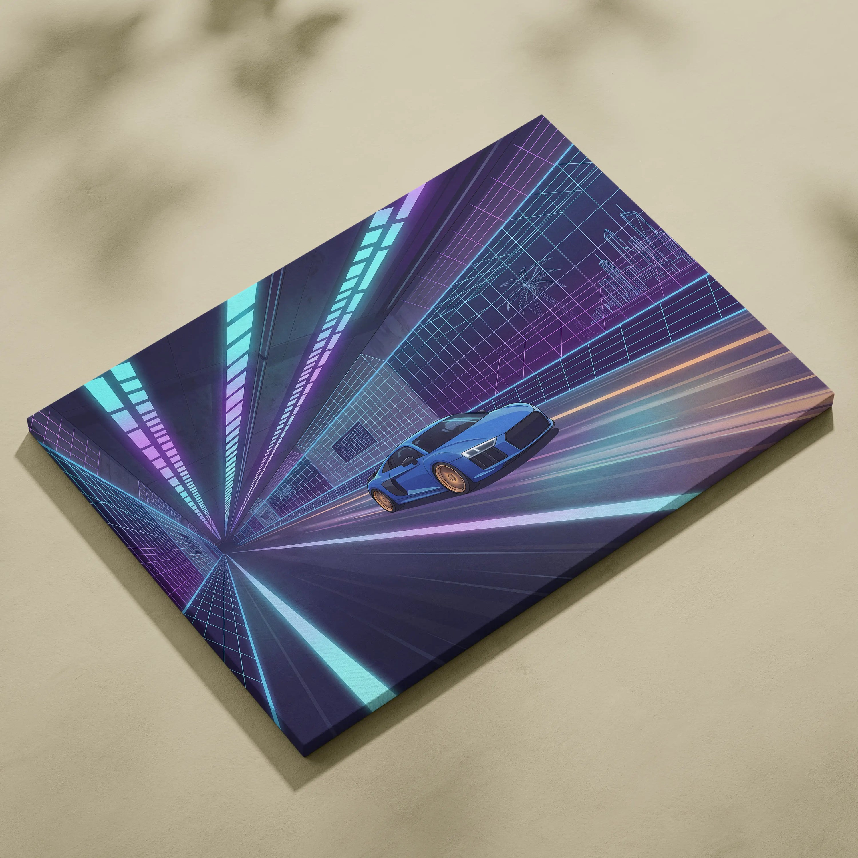 Audi R8 Inspired Vaporwave Car Canvas Print - Vaporwave Car Art Neon Blue Purple Living Room Retro Nostalgic Energy Neo Eighties Canvas Wall Art Giclee Canvas Print