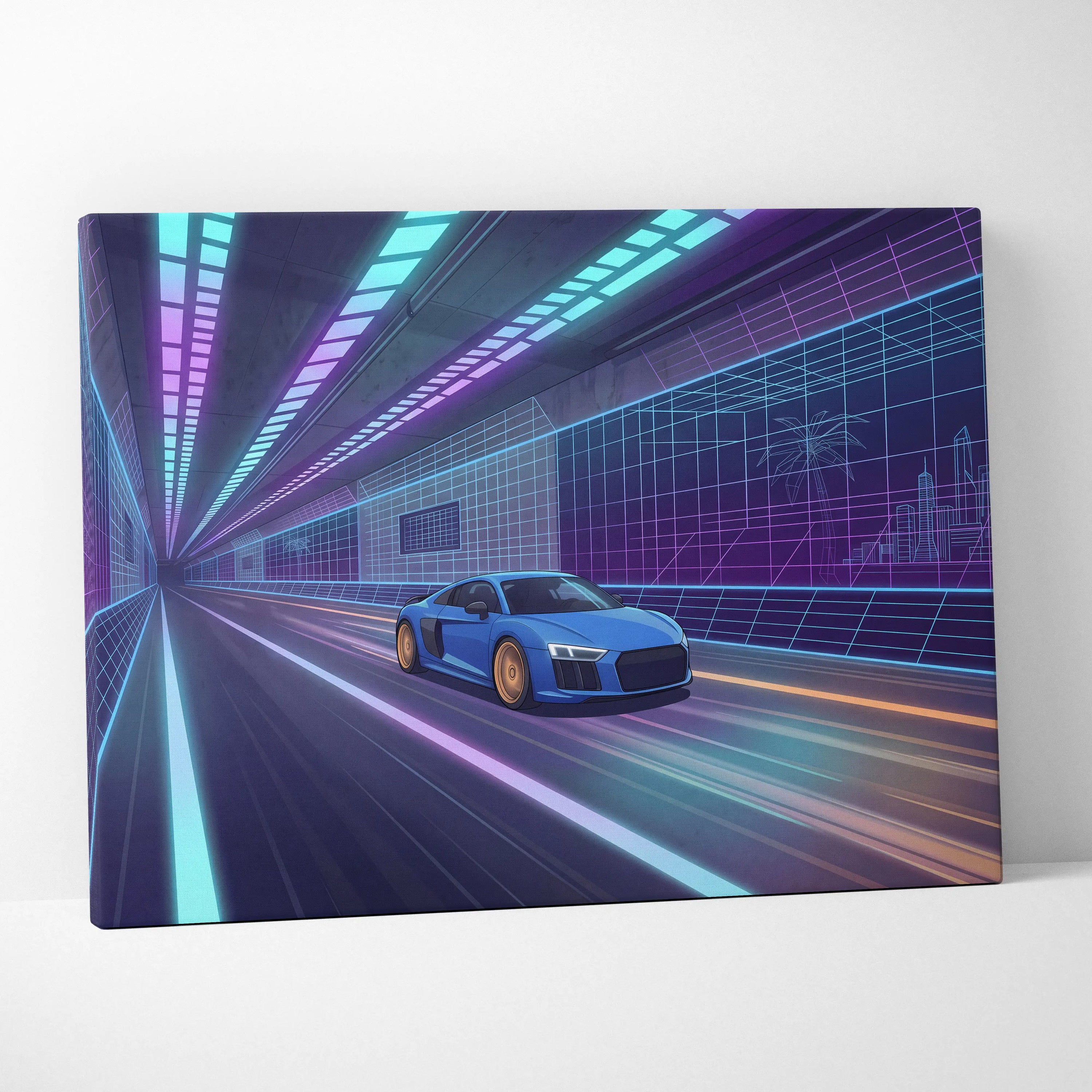 Audi R8 Inspired Vaporwave Car Canvas Print - Vaporwave Car Art Neon Blue Purple Living Room Retro Nostalgic Energy Neo Eighties Canvas Wall Art Giclee Canvas Print