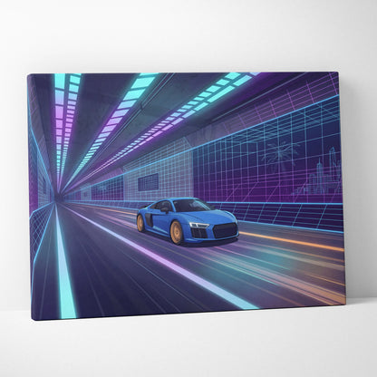 Audi R8 Inspired Vaporwave Car Canvas Print - Vaporwave Car Art Neon Blue Purple Living Room Retro Nostalgic Energy Neo Eighties Canvas Wall Art Giclee Canvas Print