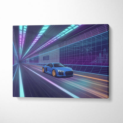 Audi R8 Inspired Vaporwave Car Canvas Print - Vaporwave Car Art Neon Blue Purple Living Room Retro Nostalgic Energy Neo Eighties Canvas Wall Art Giclee Canvas Print