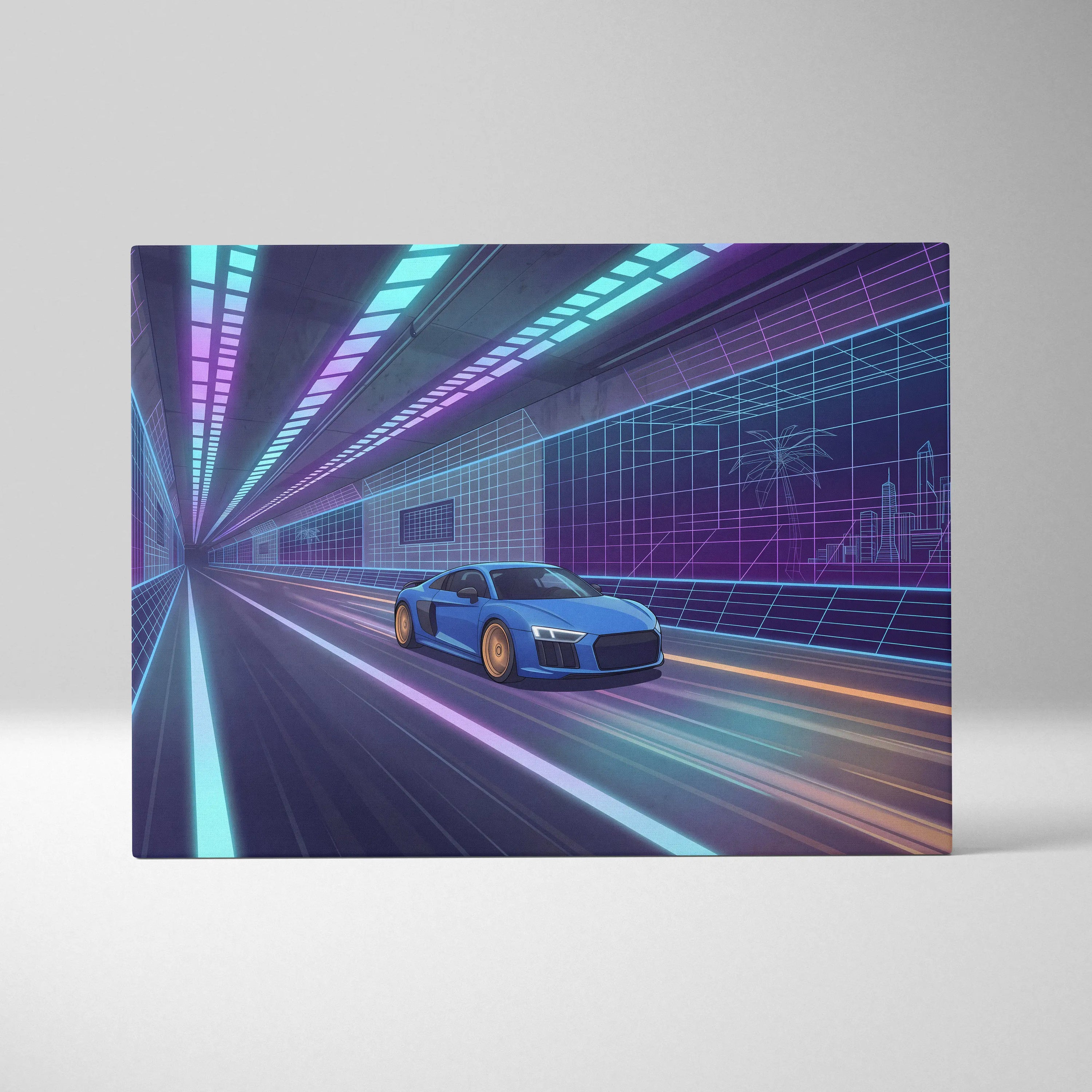 Audi R8 Inspired Vaporwave Car Canvas Print - Vaporwave Car Art Neon Blue Purple Living Room Retro Nostalgic Energy Neo Eighties Canvas Wall Art Giclee Canvas Print