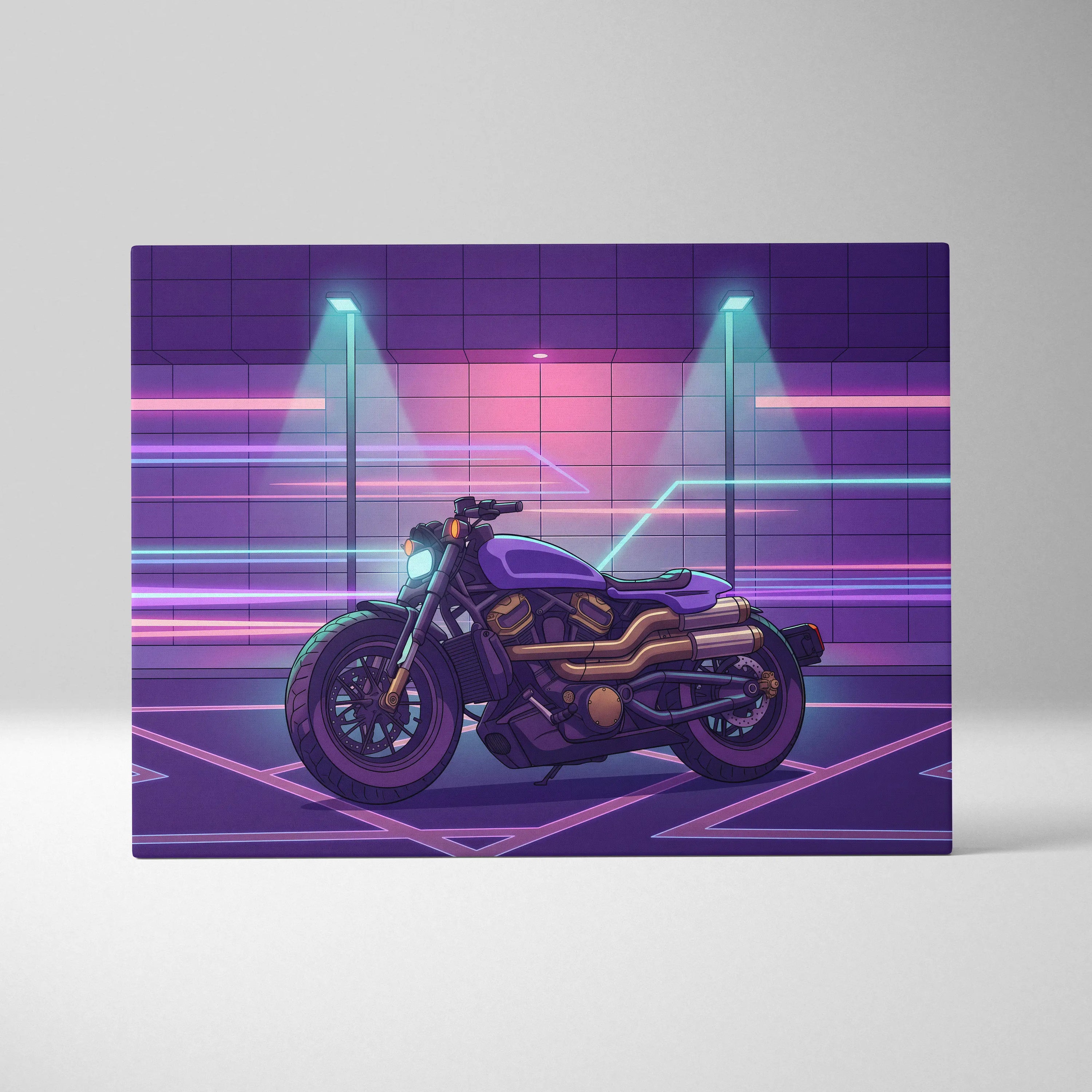Sportster S Inspired Purple Cyan Motorcycle Canvas Wall Art Vaporwave Neon Cruiser Garage Decor Retro Futuristic Artwork