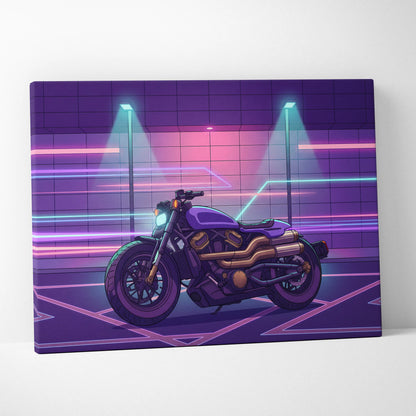 Sportster S Inspired Purple Cyan Motorcycle Canvas Wall Art Vaporwave Neon Cruiser Garage Decor Retro Futuristic Artwork