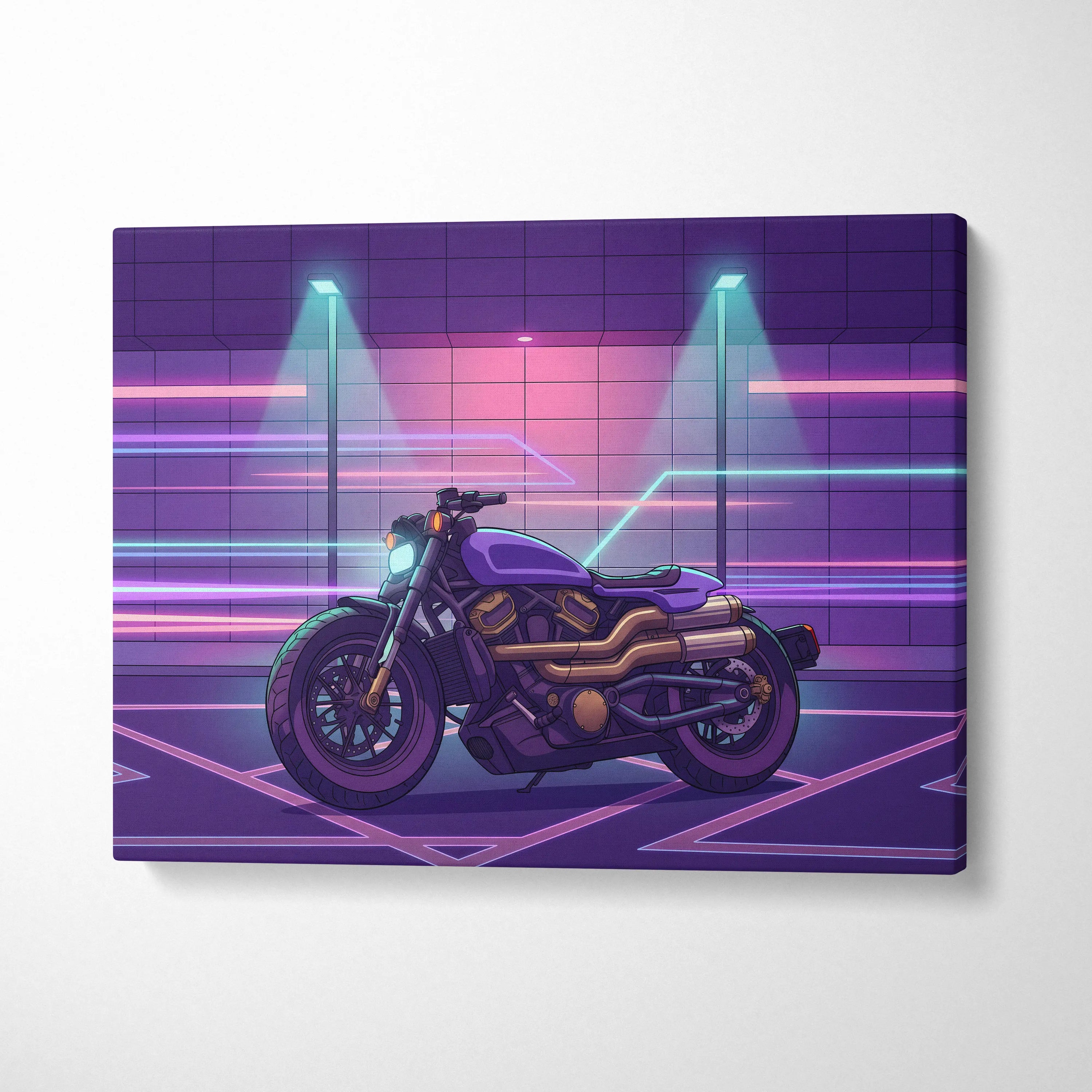 Sportster S Inspired Purple Cyan Motorcycle Canvas Wall Art Vaporwave Neon Cruiser Garage Decor Retro Futuristic Artwork