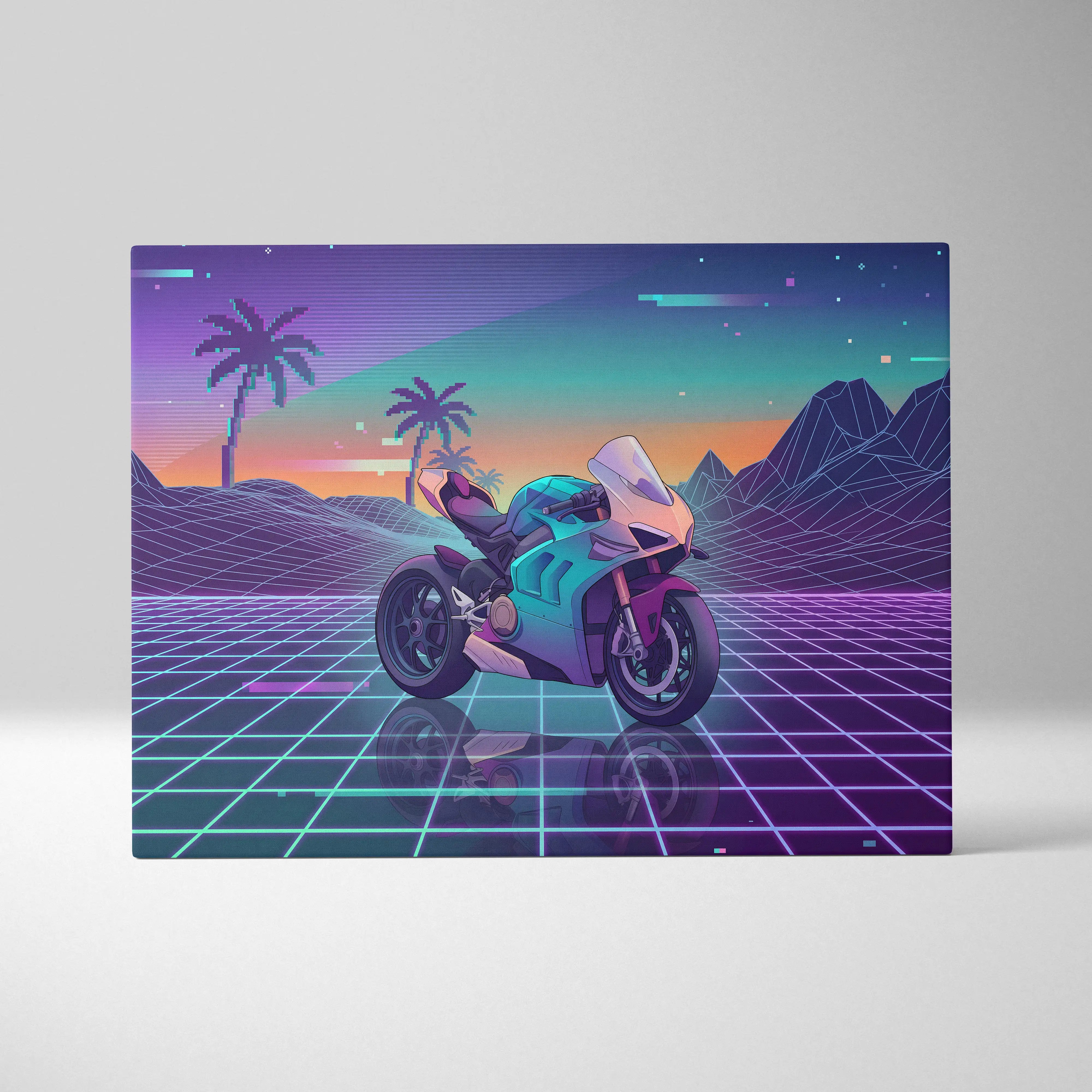 Ducati Panigale V4 Inspired Teal Cream Vaporwave Motorcycle Canvas Wall Art Neon Desert Sportbike Artwork Retro Futuristic Garage Decor