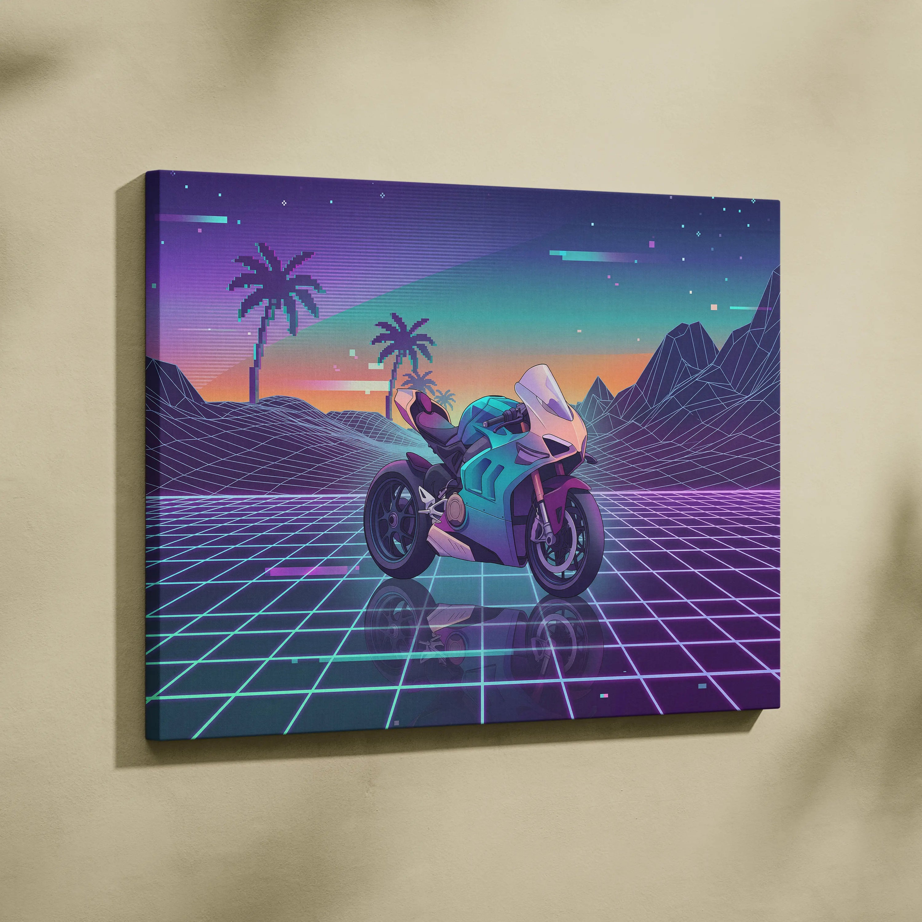 Ducati Panigale V4 Inspired Teal Cream Vaporwave Motorcycle Canvas Wall Art Neon Desert Sportbike Artwork Retro Futuristic Garage Decor