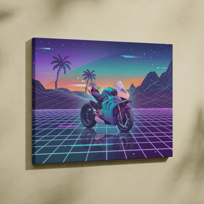 Ducati Panigale V4 Inspired Teal Cream Vaporwave Motorcycle Canvas Wall Art Neon Desert Sportbike Artwork Retro Futuristic Garage Decor