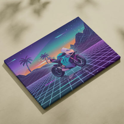 Ducati Panigale V4 Inspired Teal Cream Vaporwave Motorcycle Canvas Wall Art Neon Desert Sportbike Artwork Retro Futuristic Garage Decor