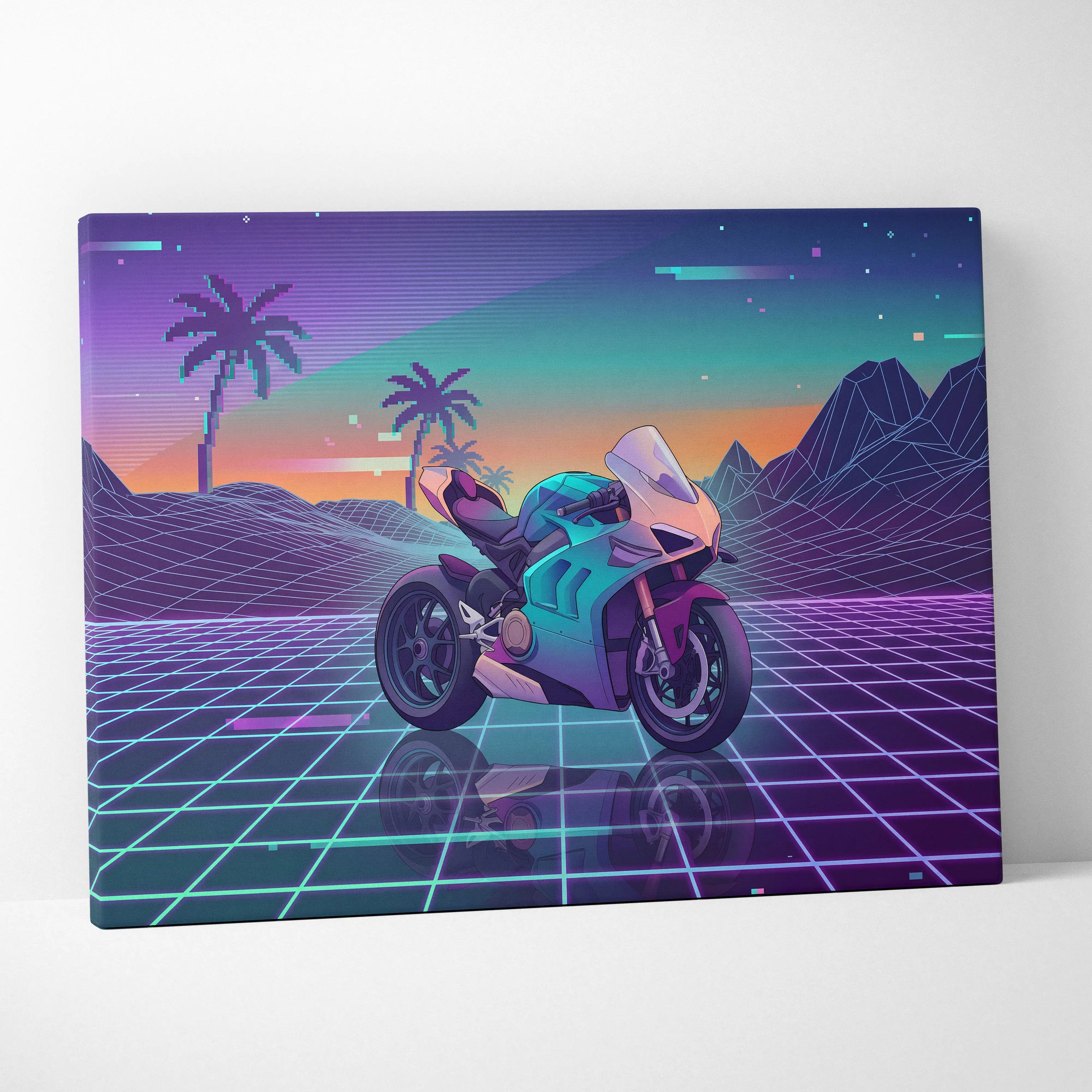 Ducati Panigale V4 Inspired Teal Cream Vaporwave Motorcycle Canvas Wall Art Neon Desert Sportbike Artwork Retro Futuristic Garage Decor