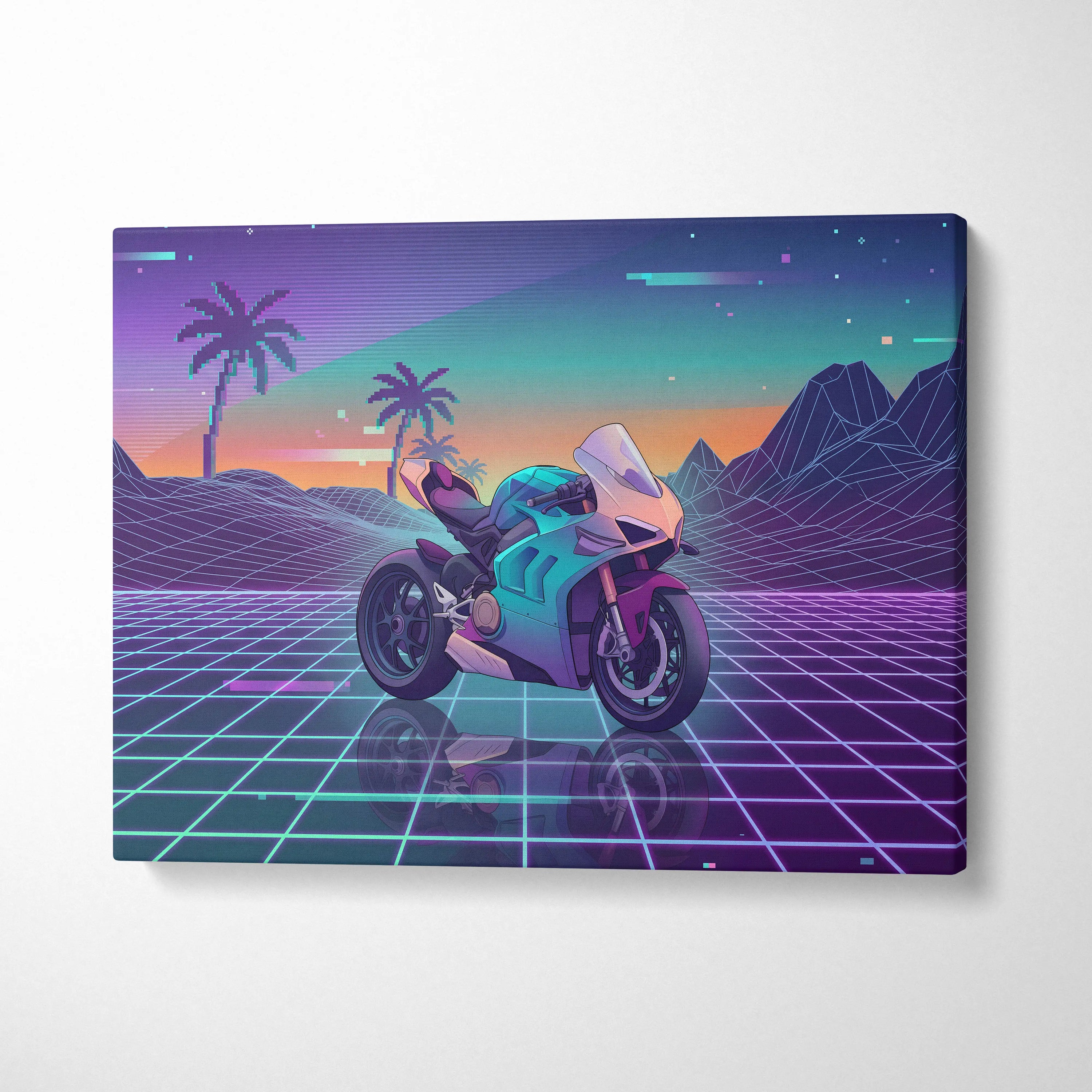 Ducati Panigale V4 Inspired Teal Cream Vaporwave Motorcycle Canvas Wall Art Neon Desert Sportbike Artwork Retro Futuristic Garage Decor
