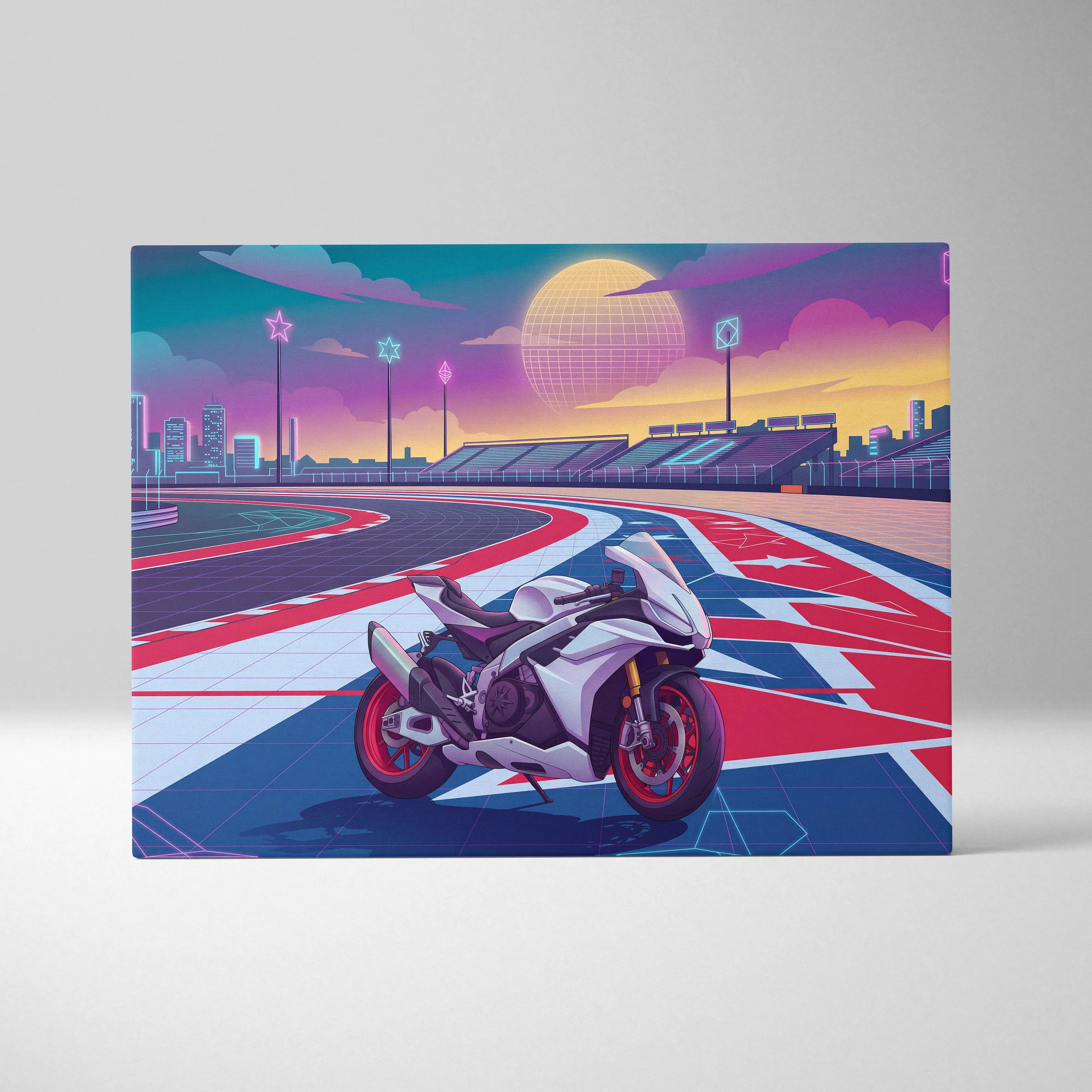 Aprilia RSV4 Inspired White Red Vaporwave Motorcycle Canvas Wall Art Neon Track Sportbike Artwork Retro Futuristic Garage Decor