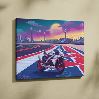 Aprilia RSV4 Inspired White Red Vaporwave Motorcycle Canvas Wall Art Neon Track Sportbike Artwork Retro Futuristic Garage Decor