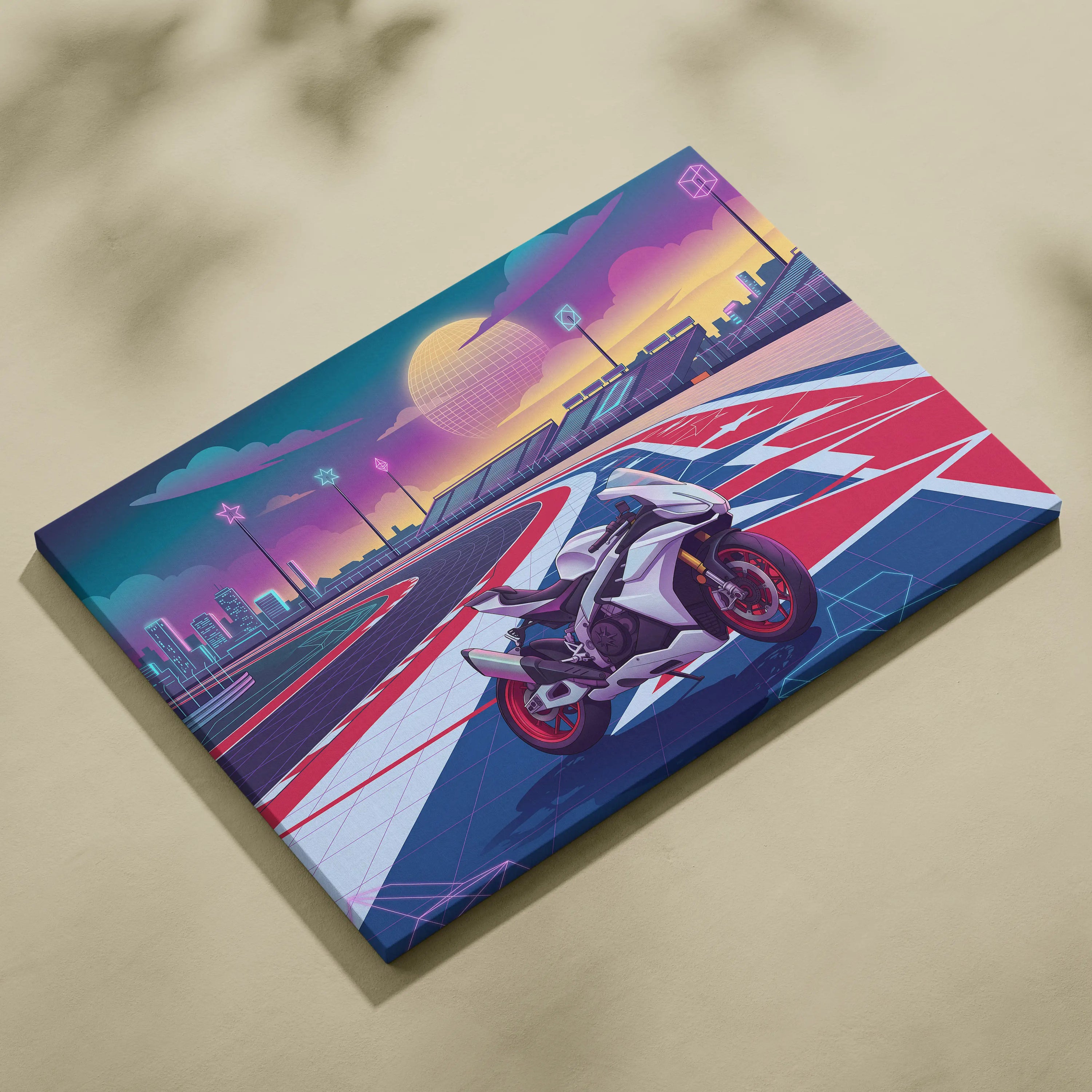 Aprilia RSV4 Inspired White Red Vaporwave Motorcycle Canvas Wall Art Neon Track Sportbike Artwork Retro Futuristic Garage Decor