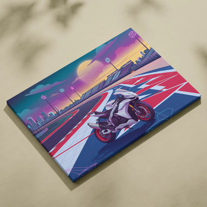 Aprilia RSV4 Inspired White Red Vaporwave Motorcycle Canvas Wall Art Neon Track Sportbike Artwork Retro Futuristic Garage Decor