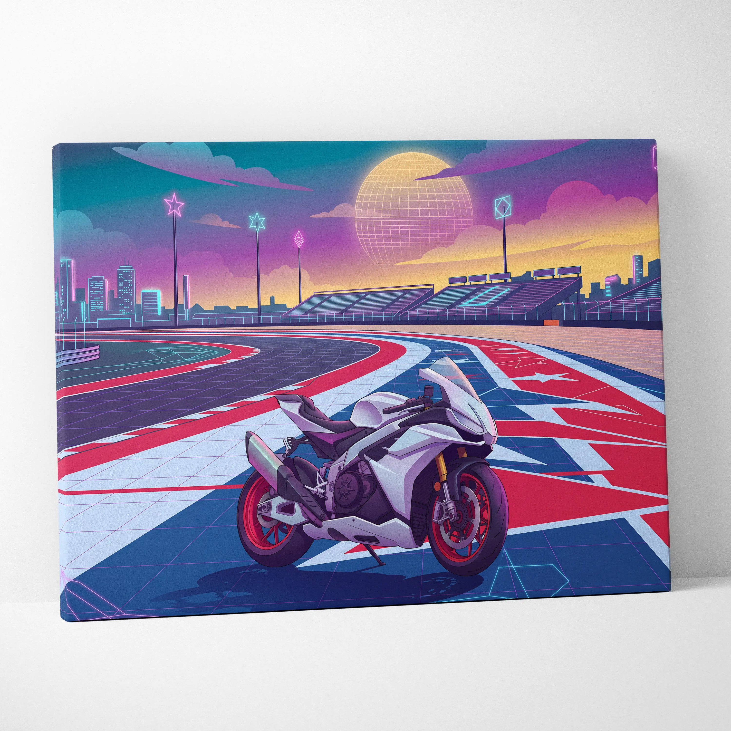 Aprilia RSV4 Inspired White Red Vaporwave Motorcycle Canvas Wall Art Neon Track Sportbike Artwork Retro Futuristic Garage Decor