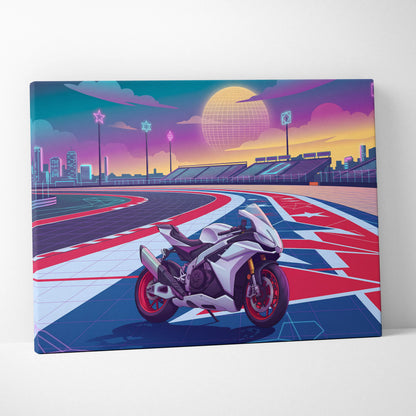 Aprilia RSV4 Inspired White Red Vaporwave Motorcycle Canvas Wall Art Neon Track Sportbike Artwork Retro Futuristic Garage Decor