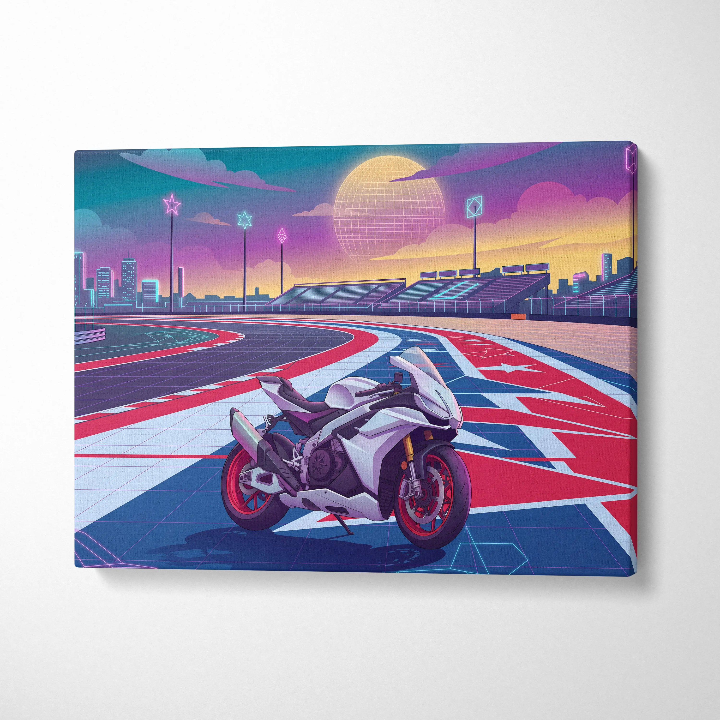 Aprilia RSV4 Inspired White Red Vaporwave Motorcycle Canvas Wall Art Neon Track Sportbike Artwork Retro Futuristic Garage Decor