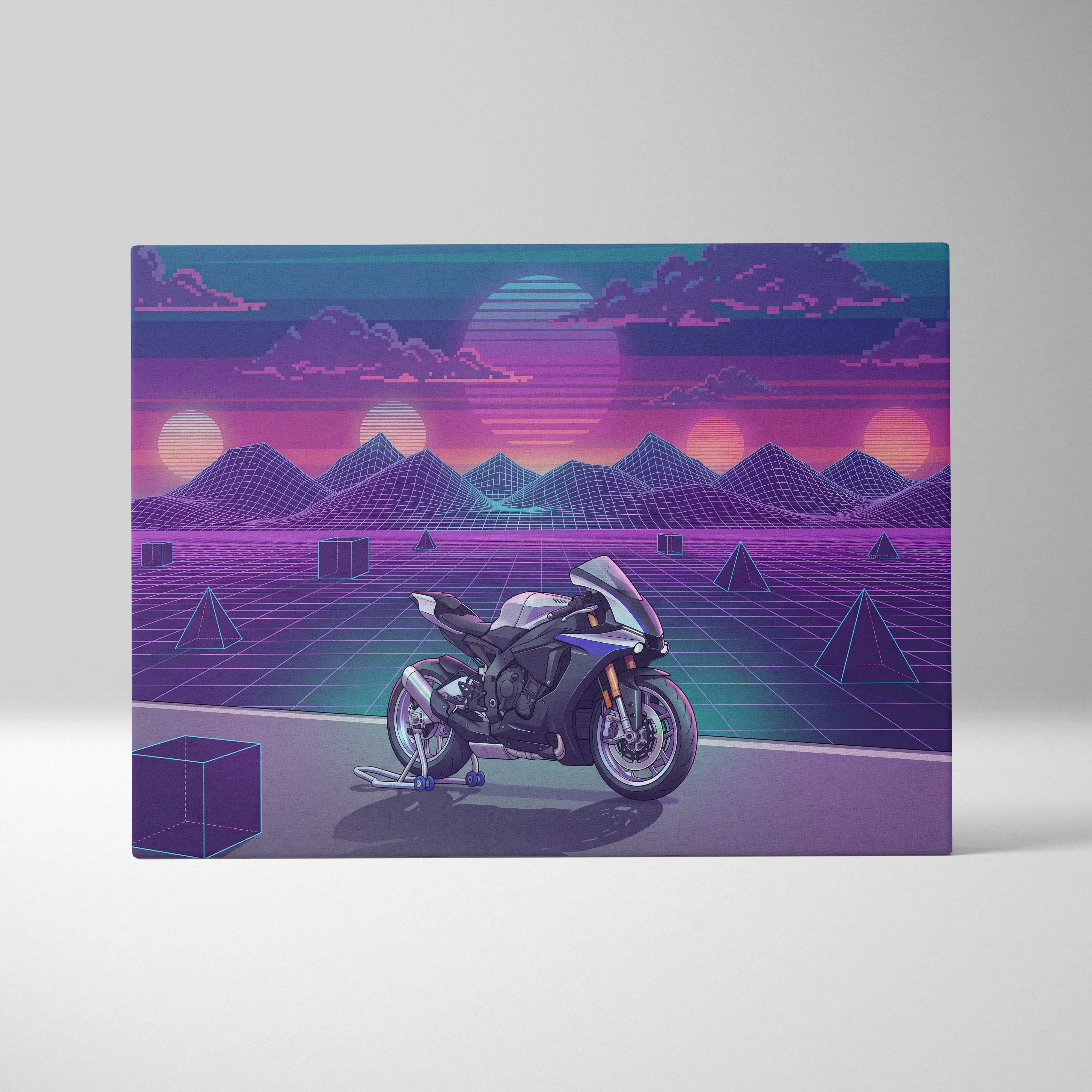 Yamaha R1M Inspired White Blue Motorcycle Canvas Wall Art Vaporwave Sunset Sportbike Garage Decor Retro Futuristic Racing Artwork