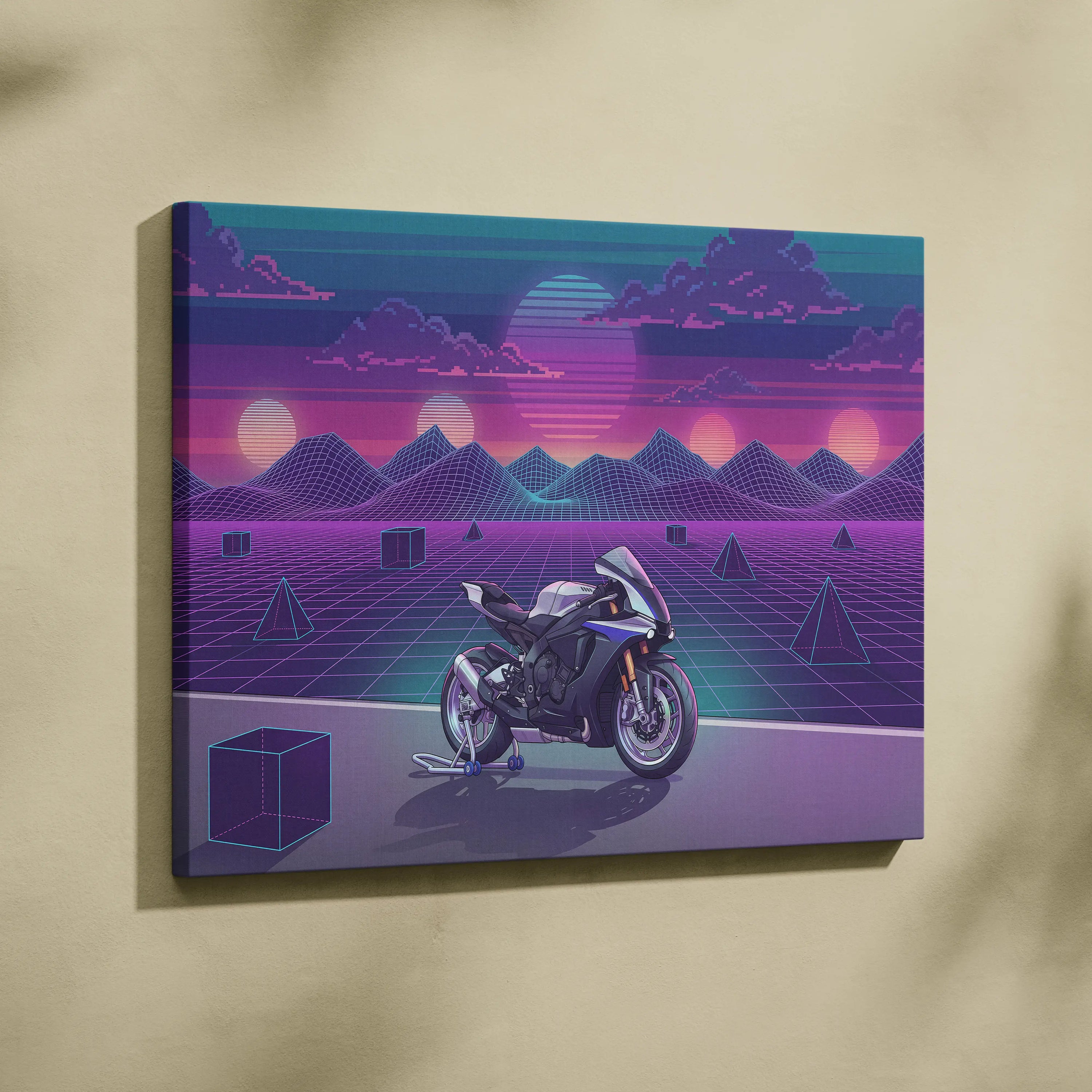 Yamaha R1M Inspired White Blue Motorcycle Canvas Wall Art Vaporwave Sunset Sportbike Garage Decor Retro Futuristic Racing Artwork