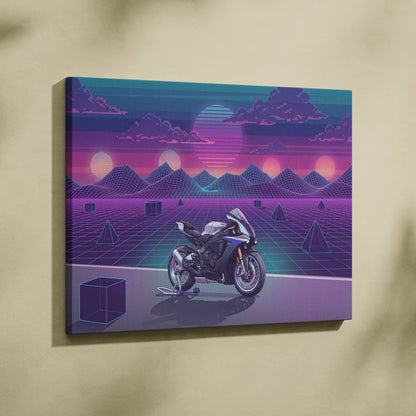 Yamaha R1M Inspired White Blue Motorcycle Canvas Wall Art Vaporwave Sunset Sportbike Garage Decor Retro Futuristic Racing Artwork