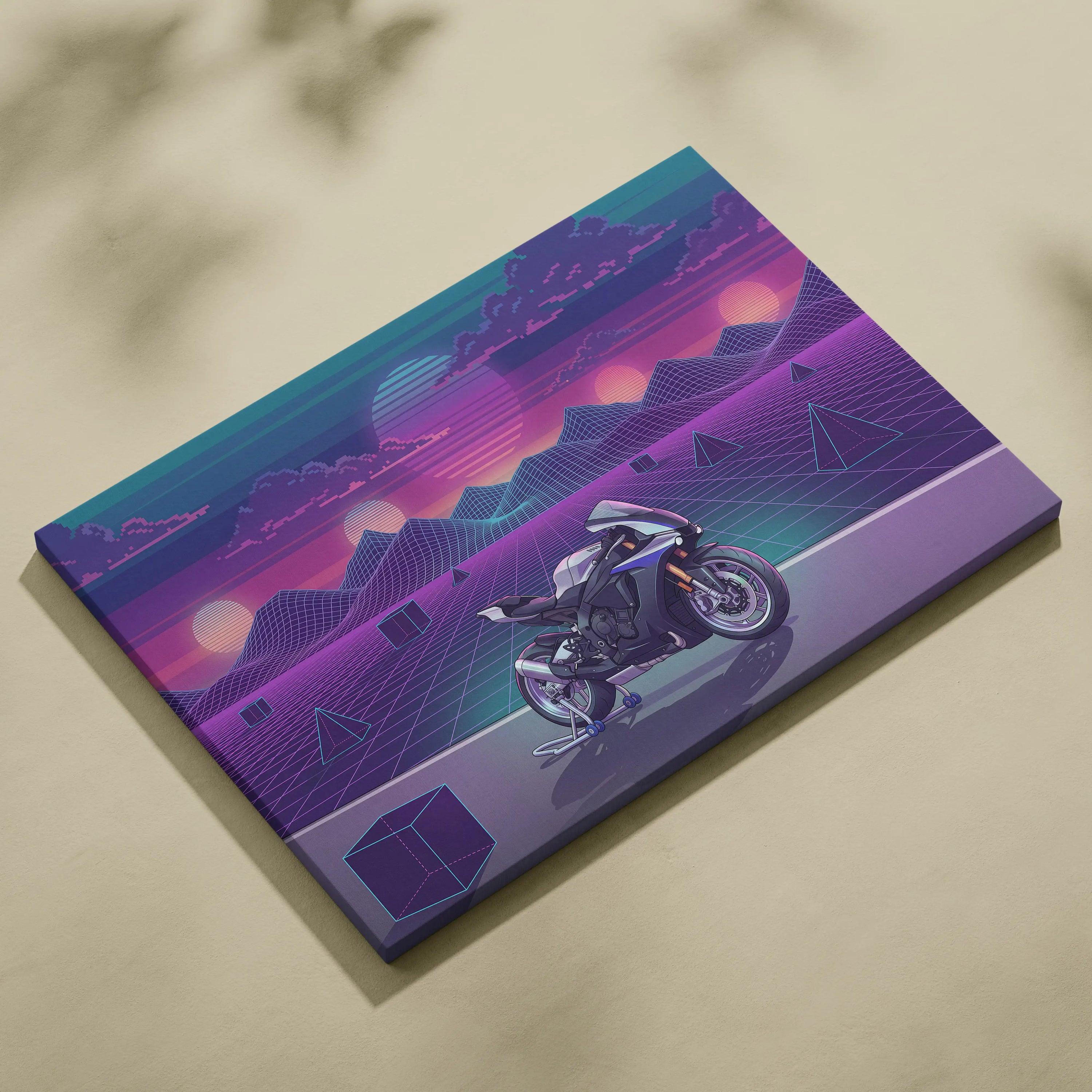 Yamaha R1M Inspired White Blue Motorcycle Canvas Wall Art Vaporwave Sunset Sportbike Garage Decor Retro Futuristic Racing Artwork