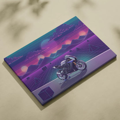 Yamaha R1M Inspired White Blue Motorcycle Canvas Wall Art Vaporwave Sunset Sportbike Garage Decor Retro Futuristic Racing Artwork