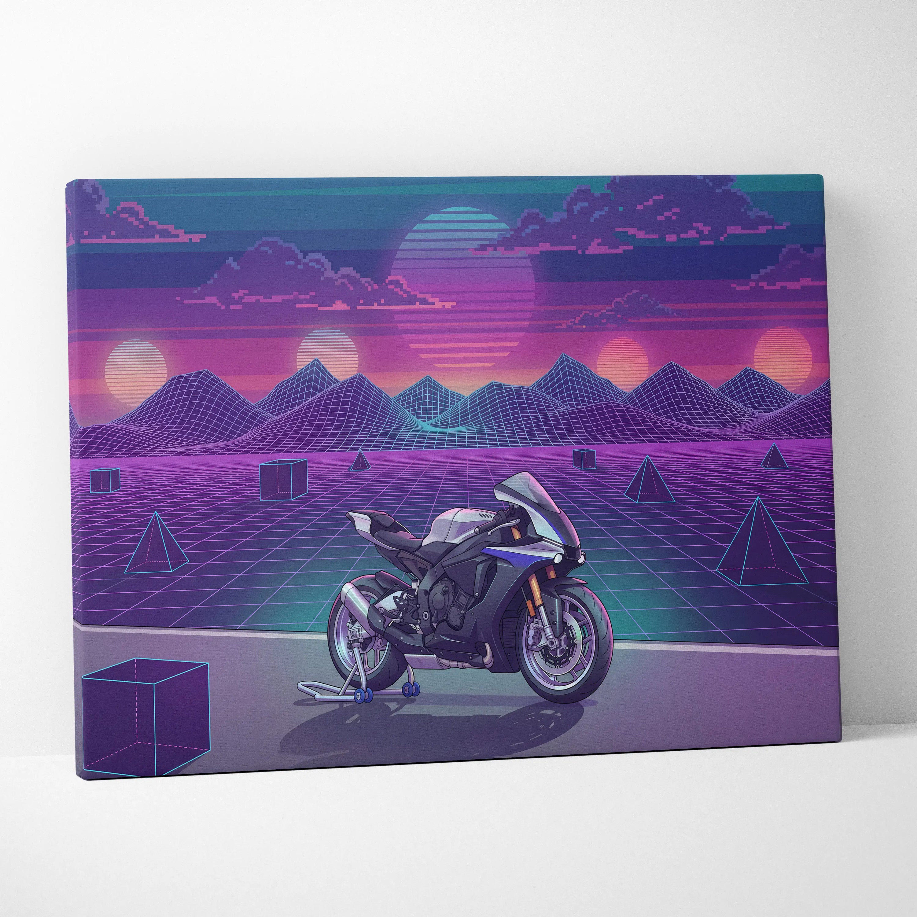 Yamaha R1M Inspired White Blue Motorcycle Canvas Wall Art Vaporwave Sunset Sportbike Garage Decor Retro Futuristic Racing Artwork