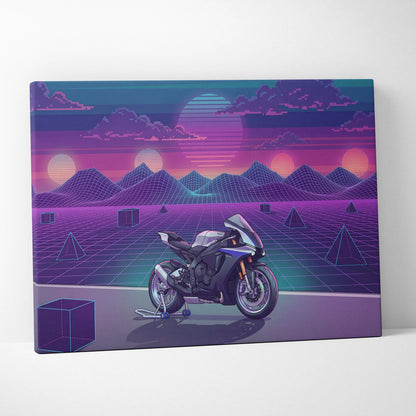 Yamaha R1M Inspired White Blue Motorcycle Canvas Wall Art Vaporwave Sunset Sportbike Garage Decor Retro Futuristic Racing Artwork