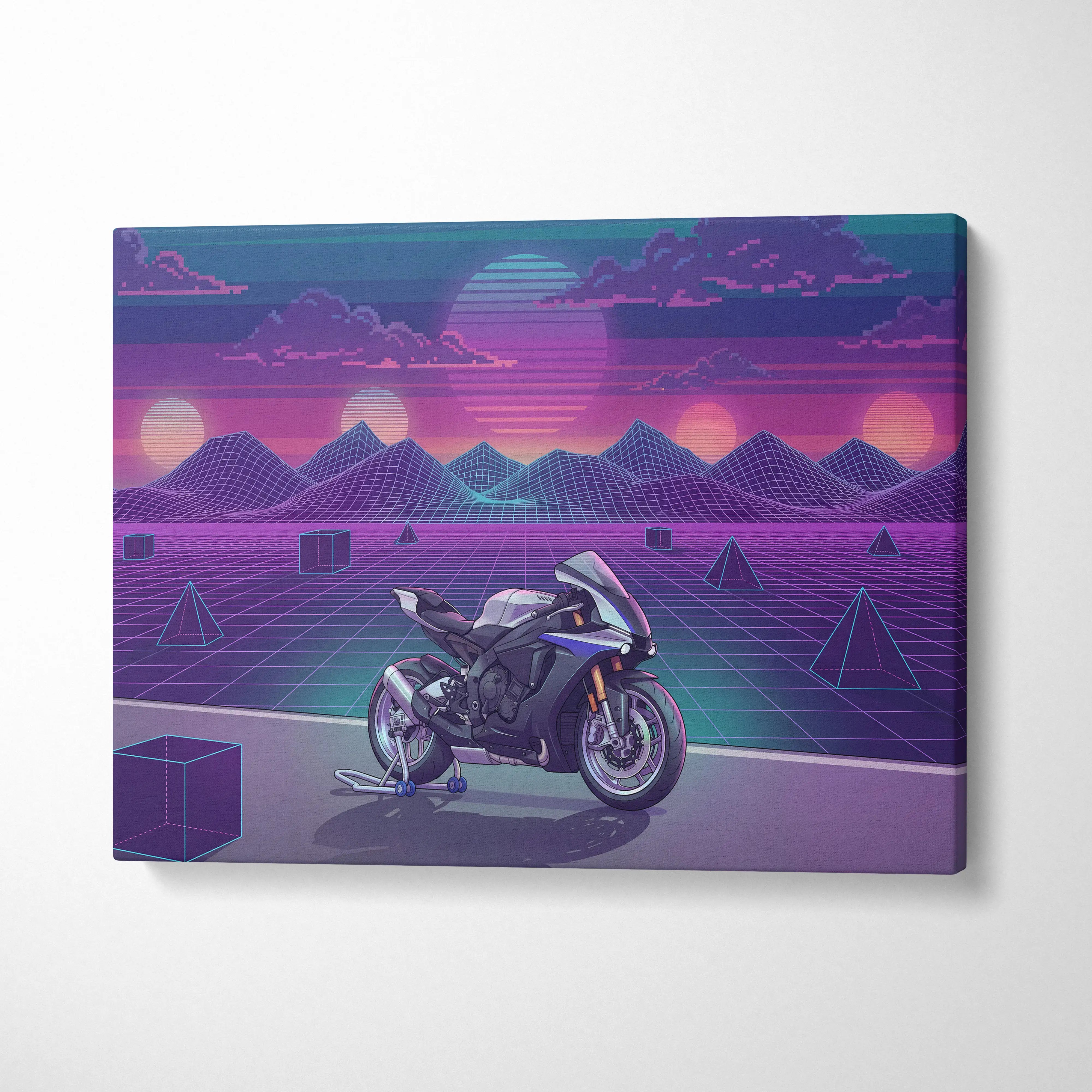 Yamaha R1M Inspired White Blue Motorcycle Canvas Wall Art Vaporwave Sunset Sportbike Garage Decor Retro Futuristic Racing Artwork