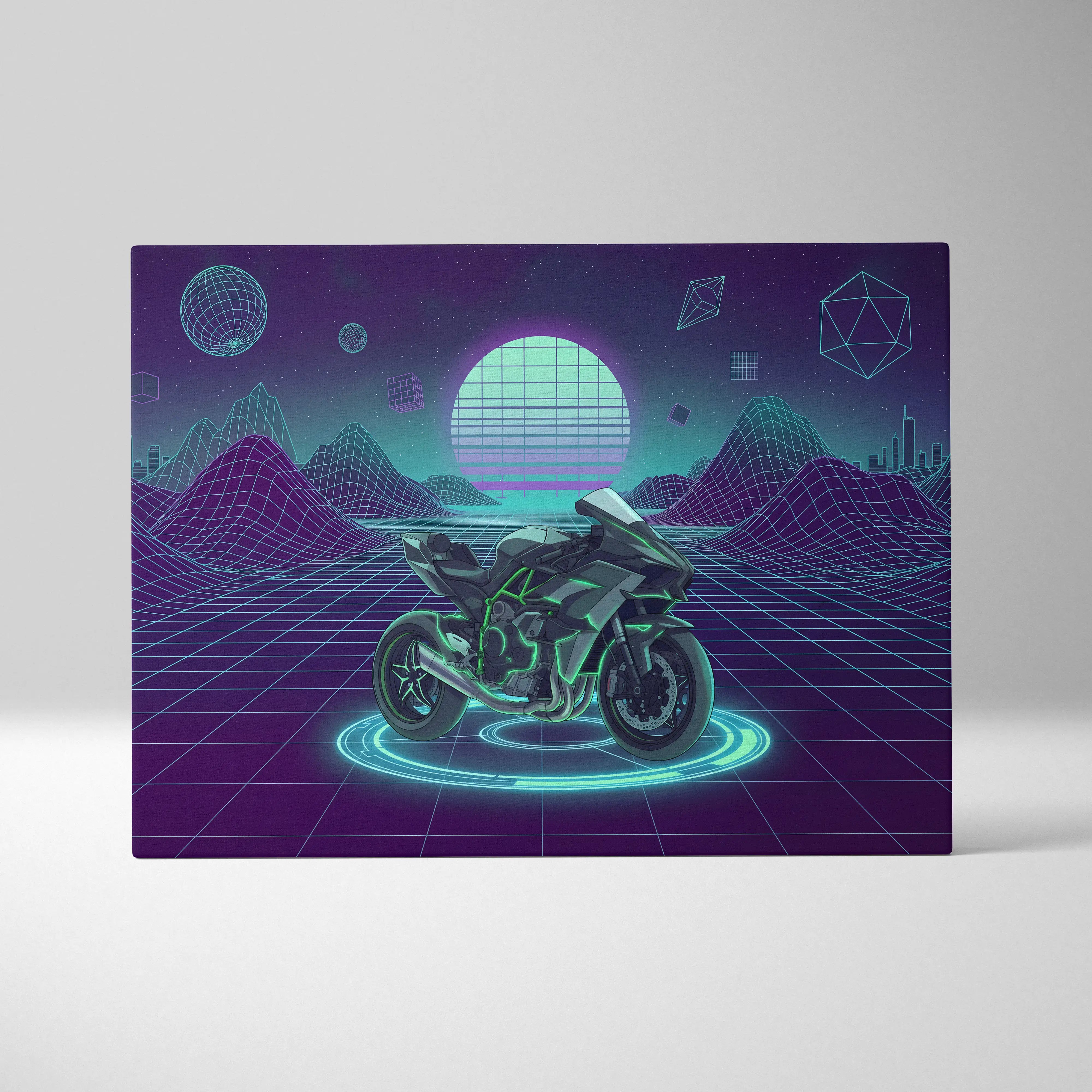 Kawasaki Ninja H2 Inspired Green Black Motorcycle Canvas Wall Art Vaporwave Neon Sportbike Garage Decor Futuristic Cyberpunk Racing Artwork
