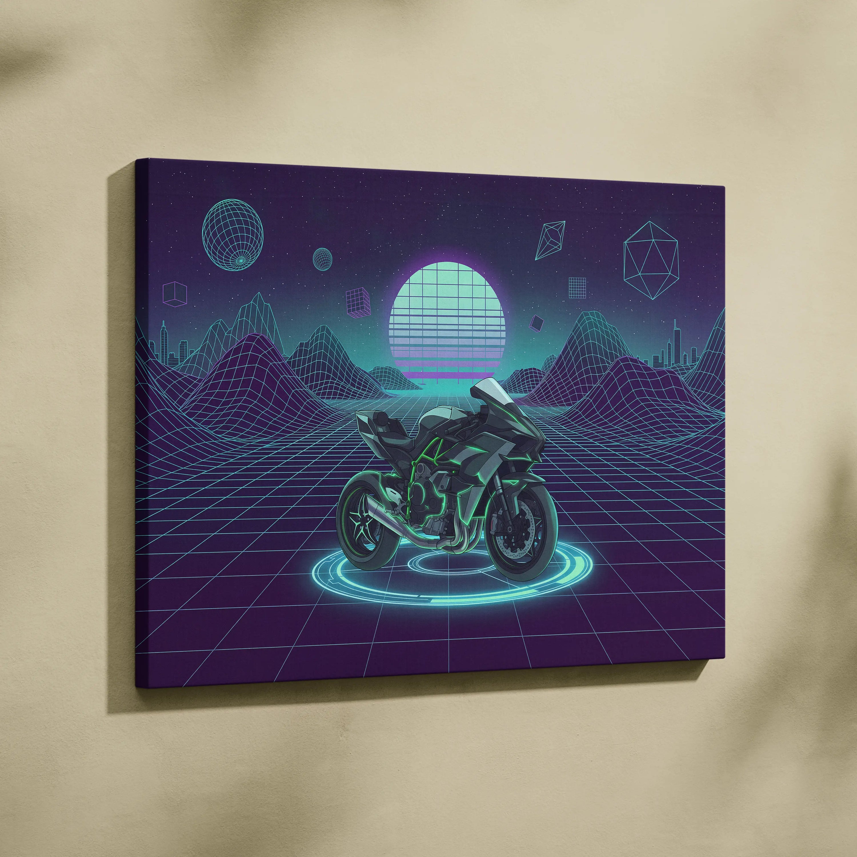 Kawasaki Ninja H2 Inspired Green Black Motorcycle Canvas Wall Art Vaporwave Neon Sportbike Garage Decor Futuristic Cyberpunk Racing Artwork