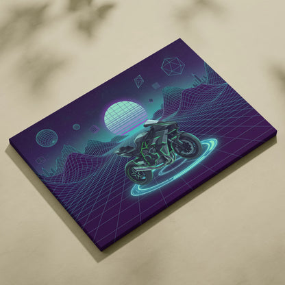 Kawasaki Ninja H2 Inspired Green Black Motorcycle Canvas Wall Art Vaporwave Neon Sportbike Garage Decor Futuristic Cyberpunk Racing Artwork