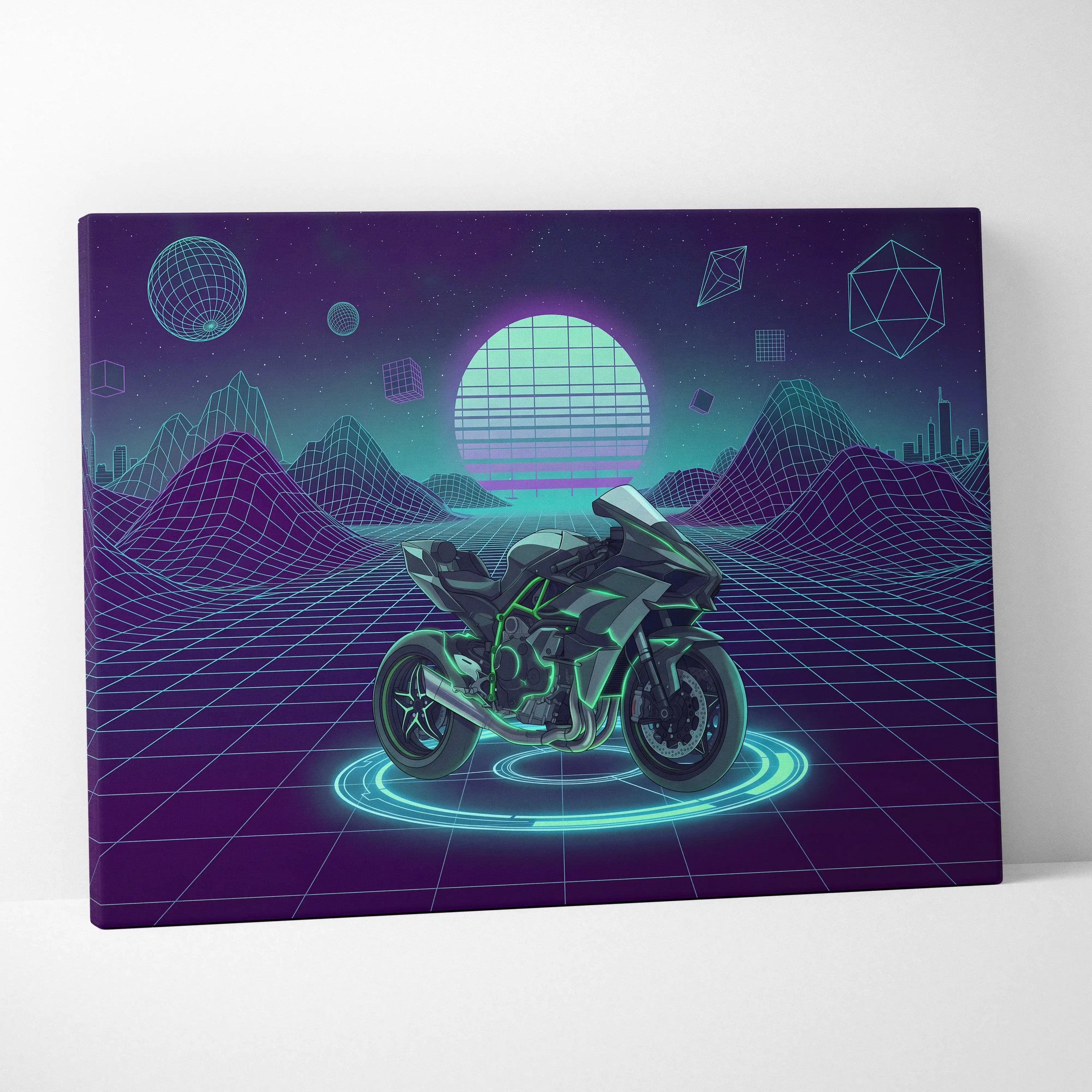 Kawasaki Ninja H2 Inspired Green Black Motorcycle Canvas Wall Art Vaporwave Neon Sportbike Garage Decor Futuristic Cyberpunk Racing Artwork