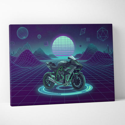 Kawasaki Ninja H2 Inspired Green Black Motorcycle Canvas Wall Art Vaporwave Neon Sportbike Garage Decor Futuristic Cyberpunk Racing Artwork