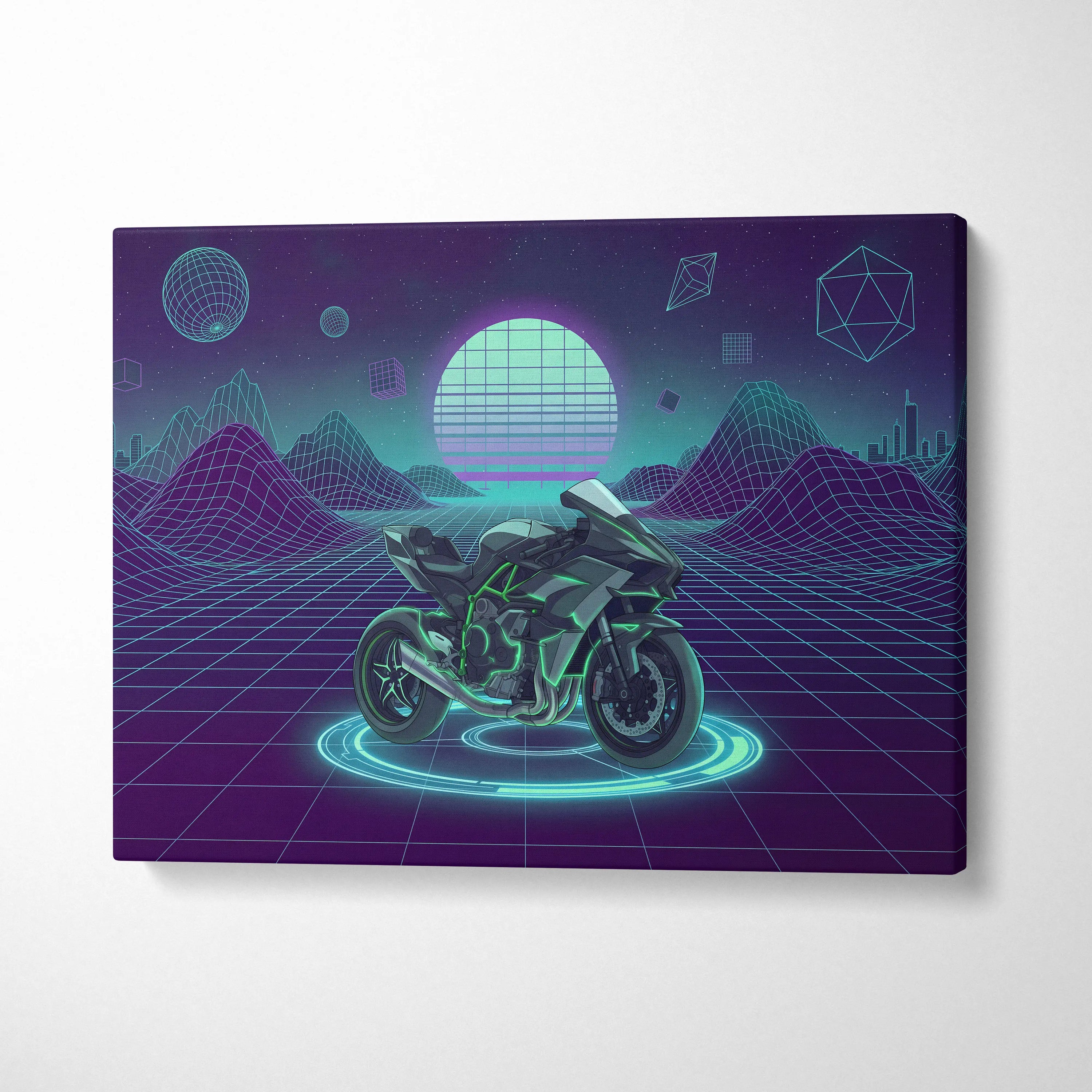 Kawasaki Ninja H2 Inspired Green Black Motorcycle Canvas Wall Art Vaporwave Neon Sportbike Garage Decor Futuristic Cyberpunk Racing Artwork